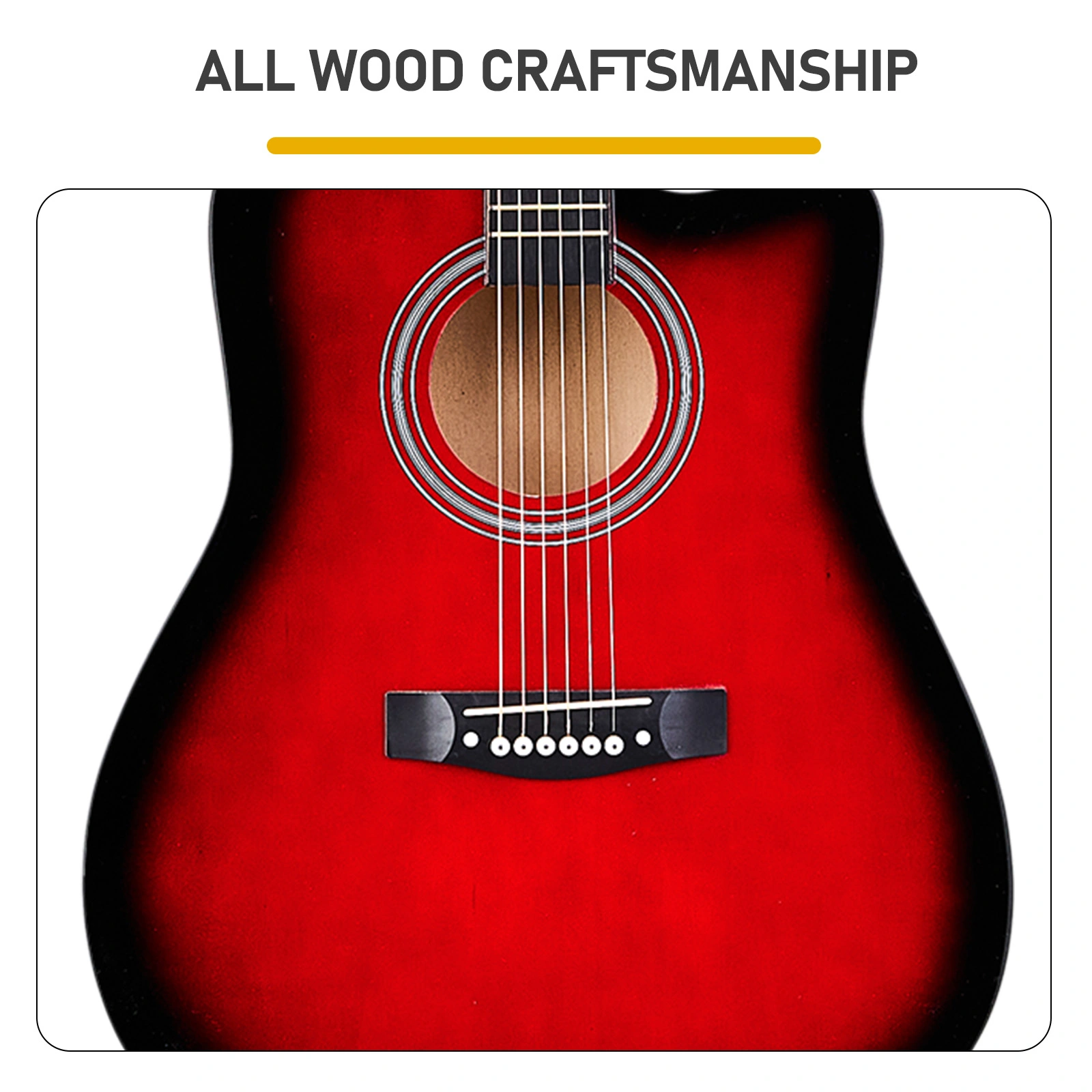 Turn red 41-inch Dreadnought barrel-shaped cutaway acoustic guitar with pick, strings, capo, gig bag, tuner, wrench tool, and shoulder strap view 6