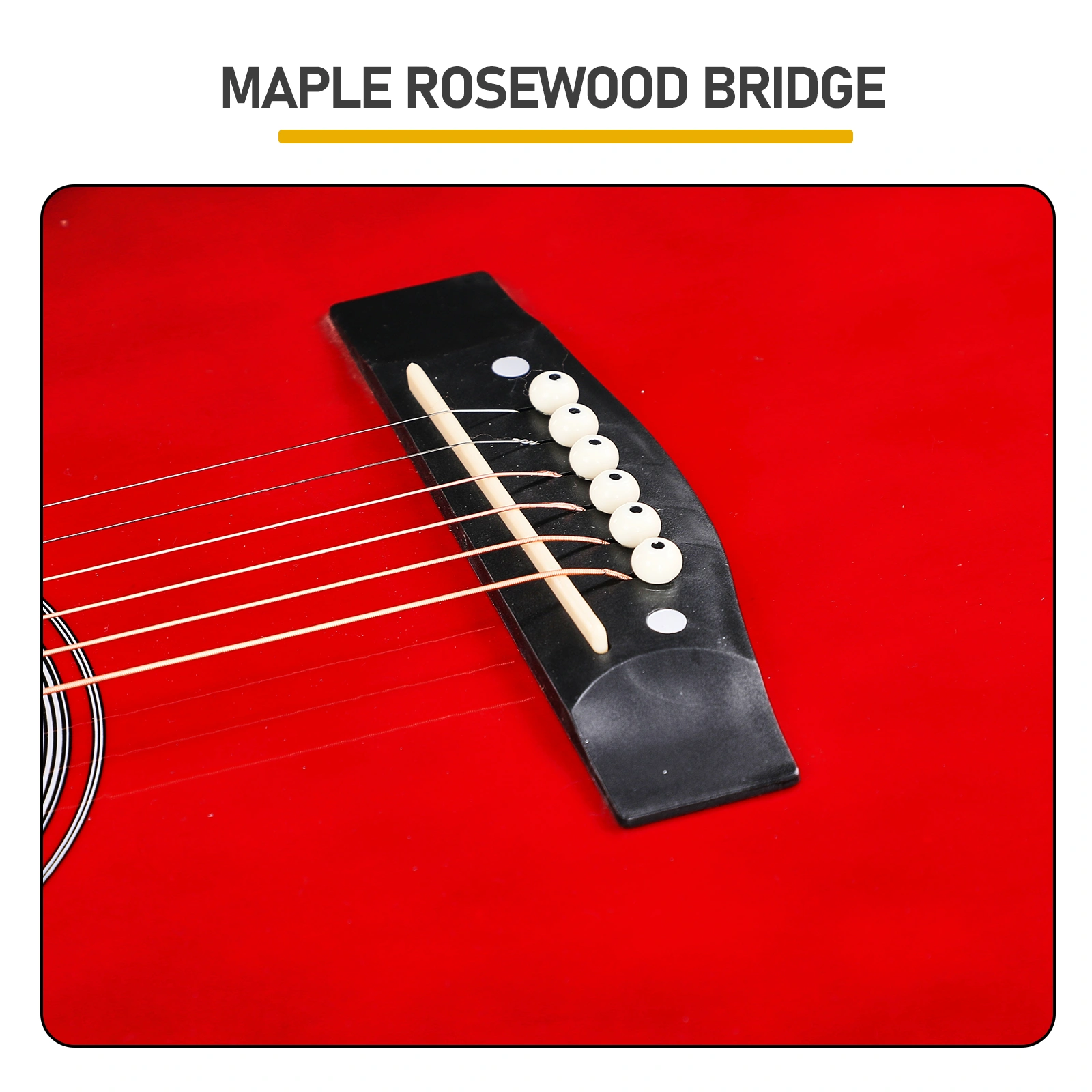 Turn red 41-inch Dreadnought barrel-shaped cutaway acoustic guitar with pick, strings, capo, gig bag, tuner, wrench tool, and shoulder strap view 8