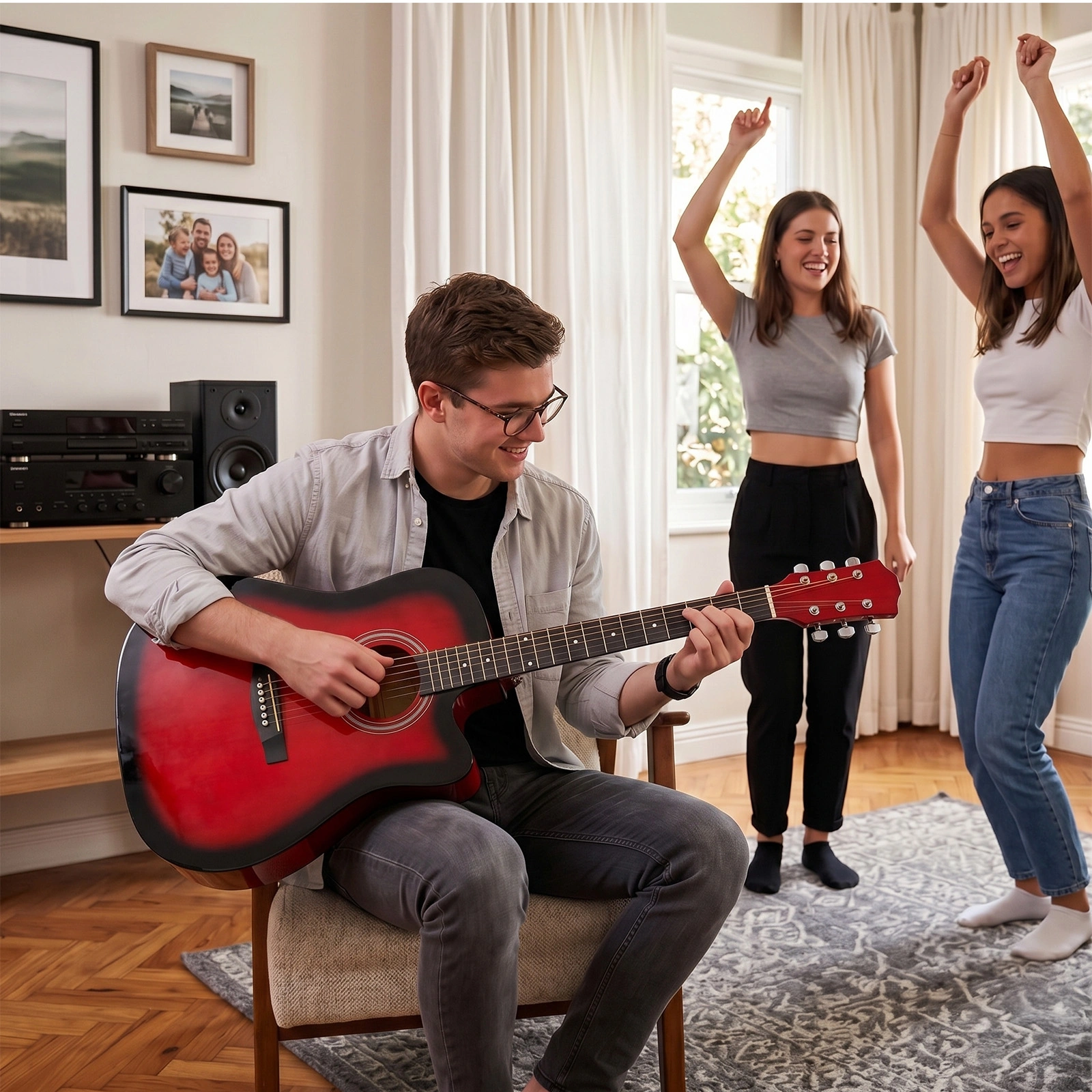 Turn red 41-inch Dreadnought barrel-shaped cutaway acoustic guitar with pick, strings, capo, gig bag, tuner, wrench tool, and shoulder strap view 9