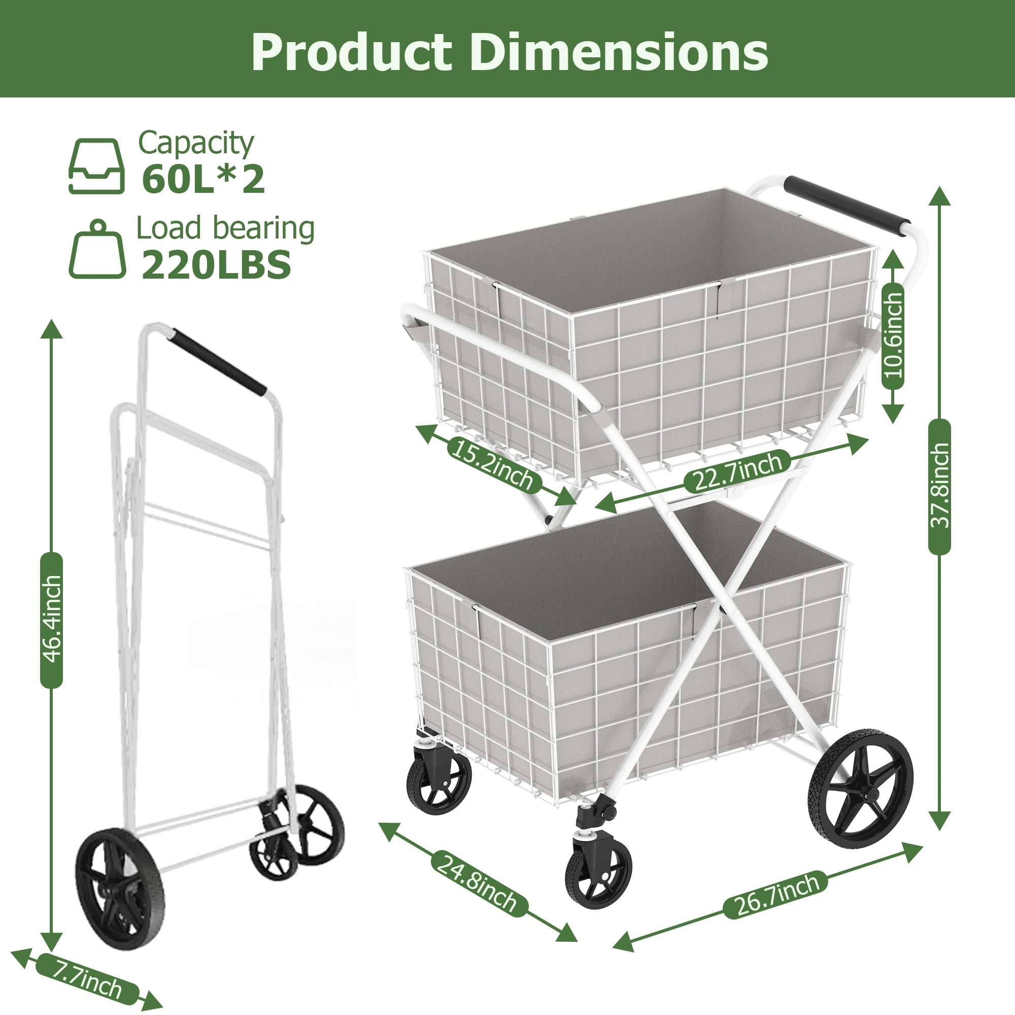 Extra Jumbo Shopping Cart 2 Layer Foldable Utility Cart with 360° Swivel Wheels Double Basket Grocery Laundry Cart White view 3
