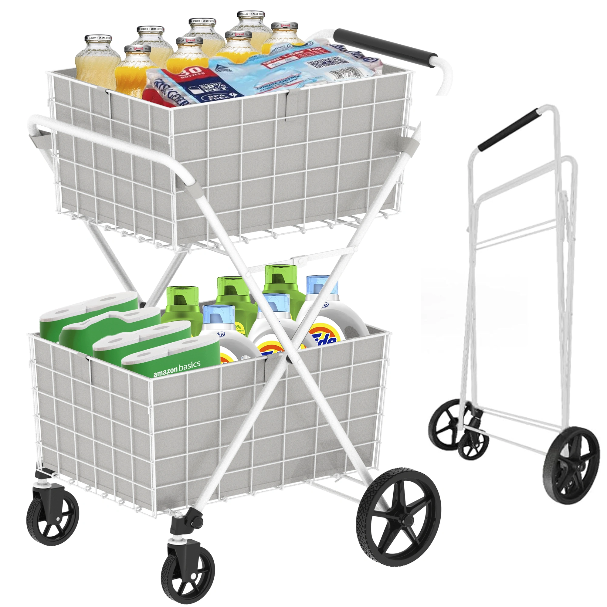 Extra Jumbo Shopping Cart 2 Layer Foldable Utility Cart with 360° Swivel Wheels Double Basket Grocery Laundry Cart White view 6