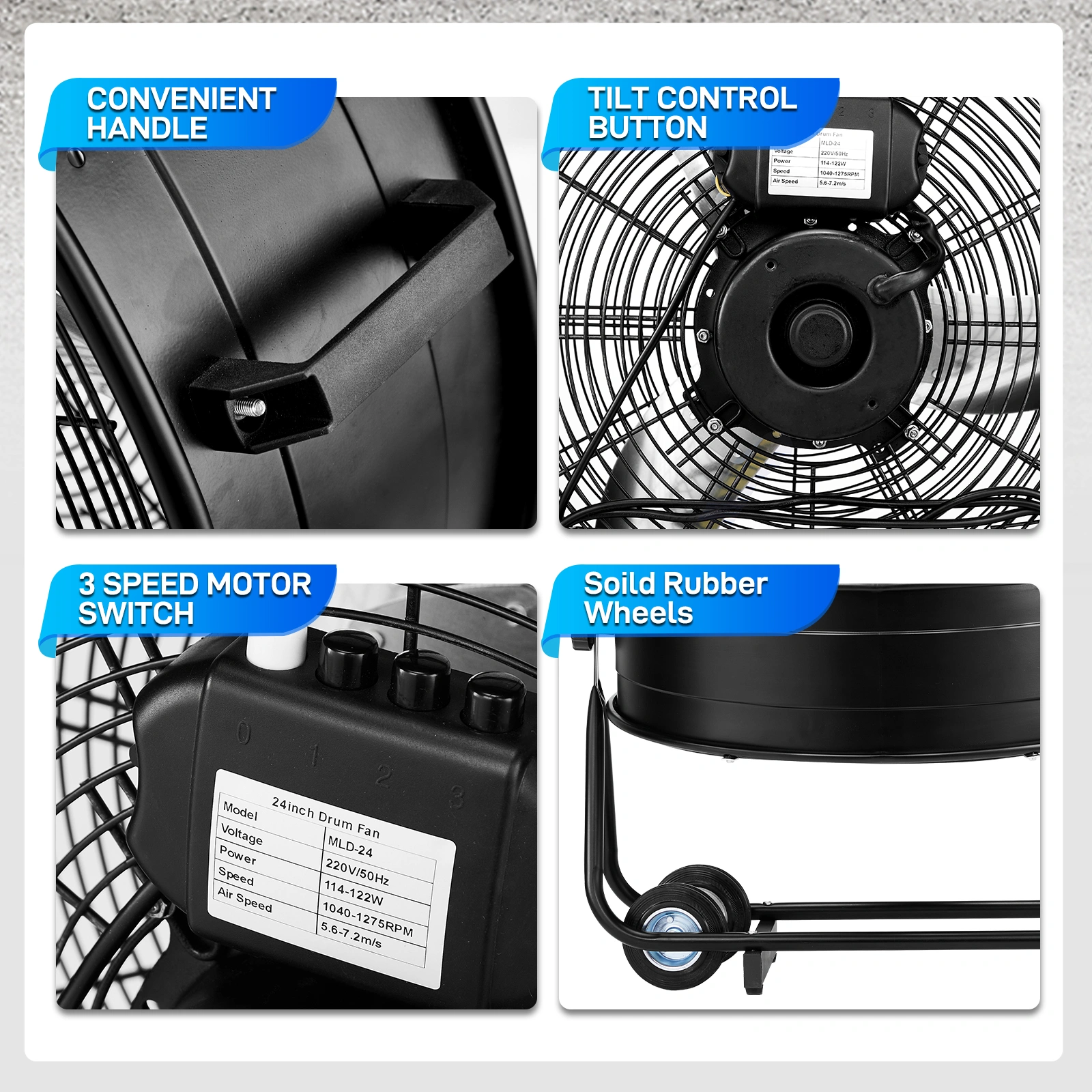 US Standard MLD-30 Industrial Drum Fan, 30 Inch 110V 230W High Velocity Floor Fan, 3 Speed Heavy Duty Black Metal Air Circulator, Adjustable Tilt with Outer Double Wheels, Copper Motor Single Side Support for Warehouse Commercial Use view 6