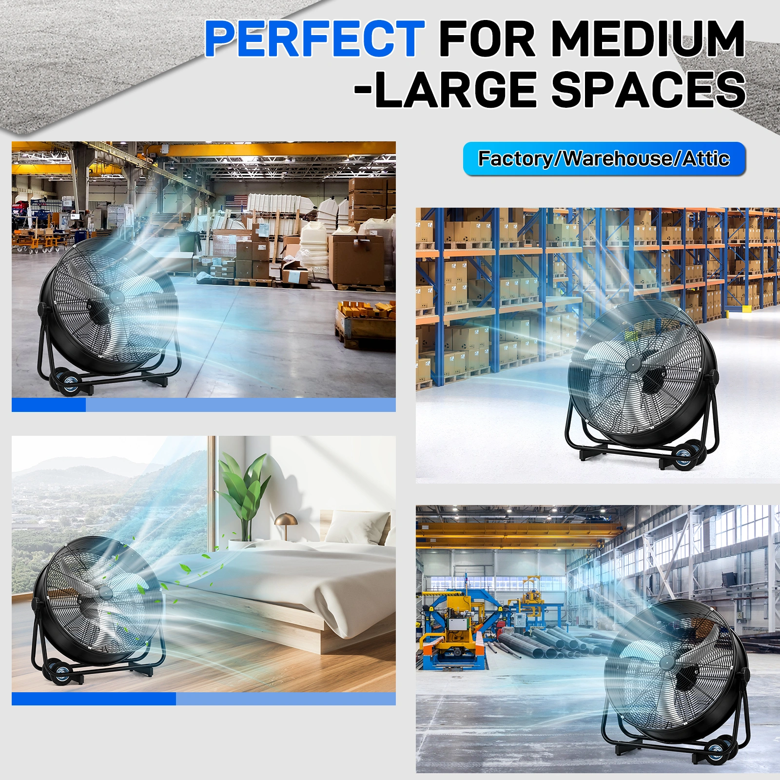 US Standard MLD-30 Industrial Drum Fan, 30 Inch 110V 230W High Velocity Floor Fan, 3 Speed Heavy Duty Black Metal Air Circulator, Adjustable Tilt with Outer Double Wheels, Copper Motor Single Side Support for Warehouse Commercial Use view 7