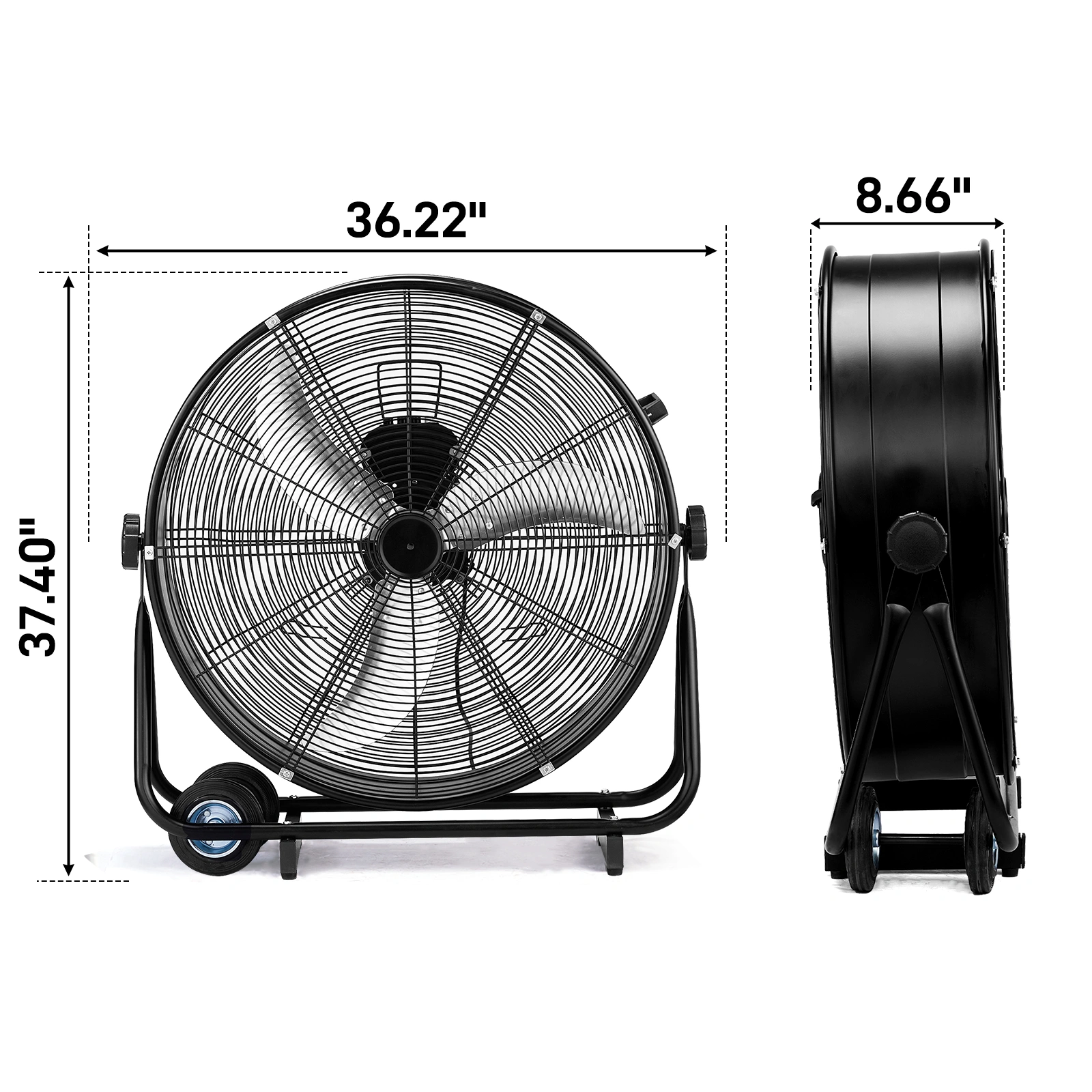 US Standard MLD-30 Industrial Drum Fan, 30 Inch 110V 230W High Velocity Floor Fan, 3 Speed Heavy Duty Black Metal Air Circulator, Adjustable Tilt with Outer Double Wheels, Copper Motor Single Side Support for Warehouse Commercial Use view 9