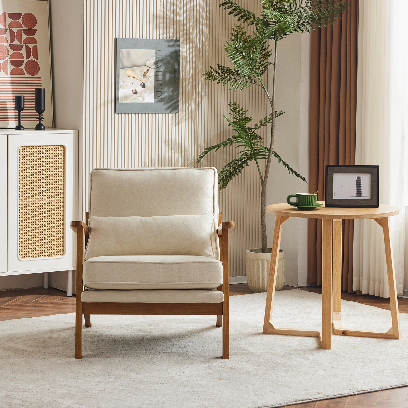 Oak Armrest Oak Upholstered Single Lounge Chair Indoor Lounge Chair Off-White view 12