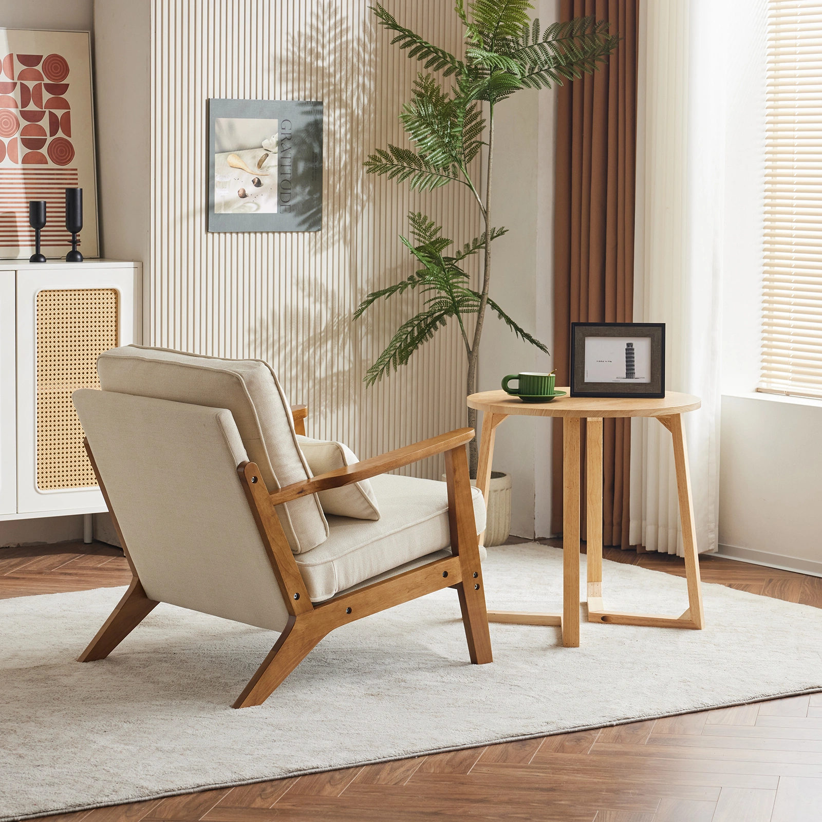 Oak Armrest Oak Upholstered Single Lounge Chair Indoor Lounge Chair Off-White view 15