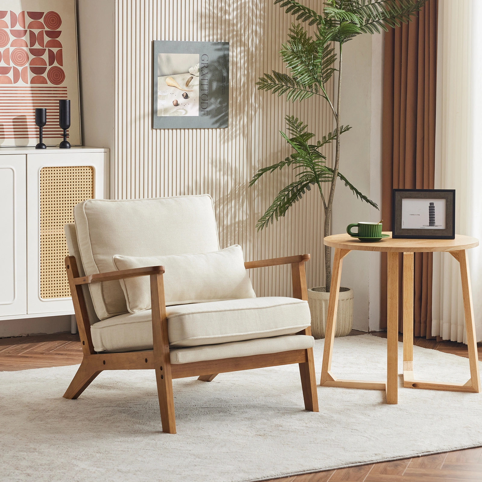 Oak Armrest Oak Upholstered Single Lounge Chair Indoor Lounge Chair Off-White view 17