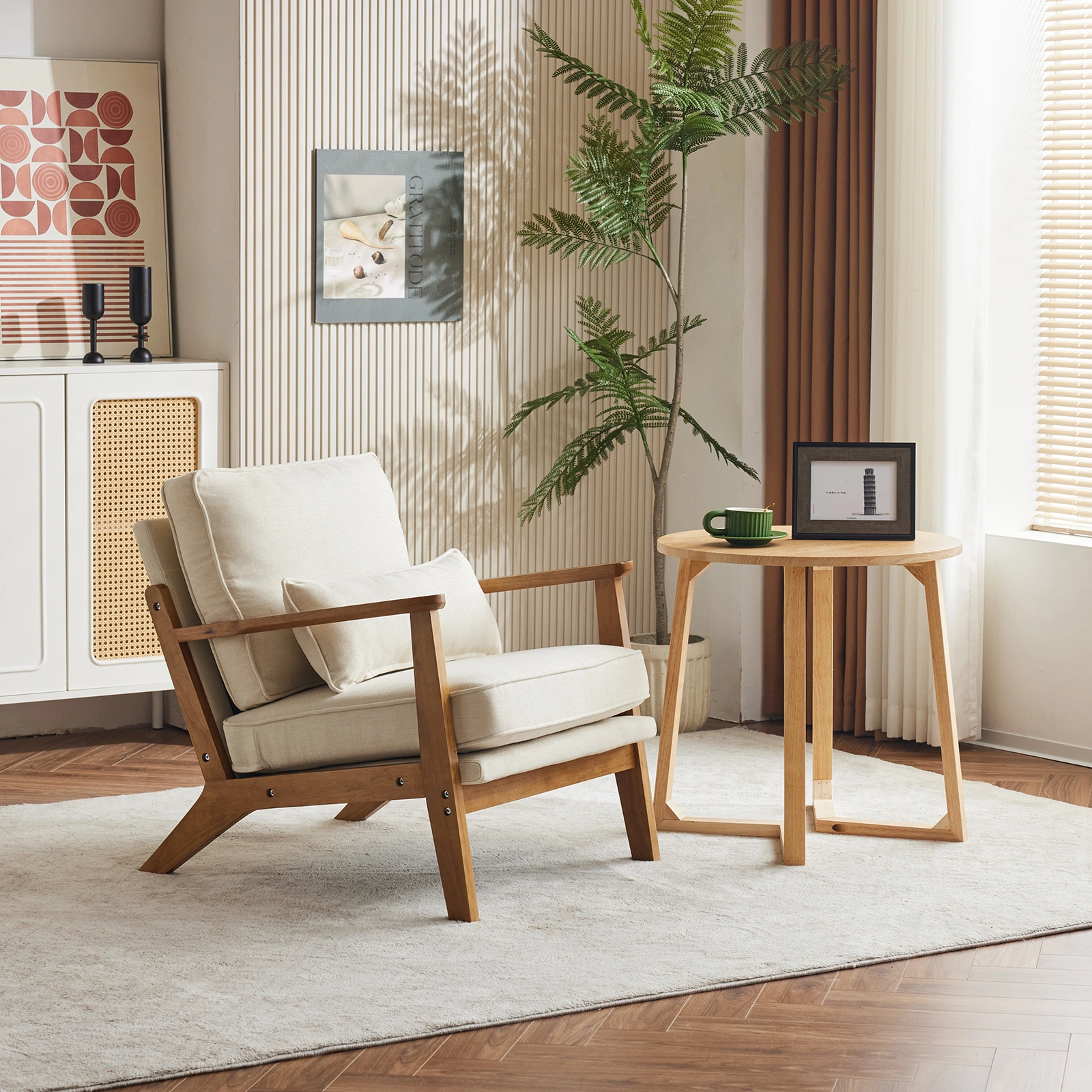 Oak Armrest Oak Upholstered Single Lounge Chair Indoor Lounge Chair Off-White view 22