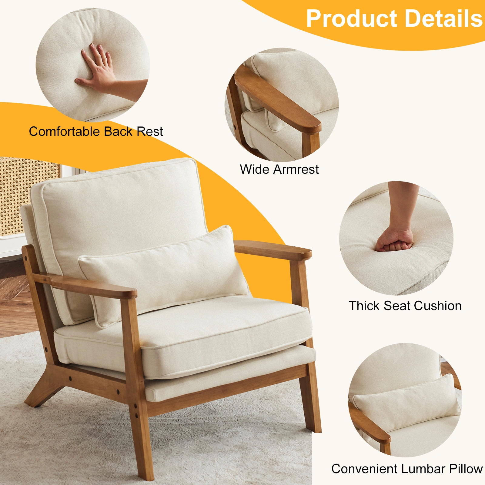 Oak Armrest Oak Upholstered Single Lounge Chair Indoor Lounge Chair Off-White view 4