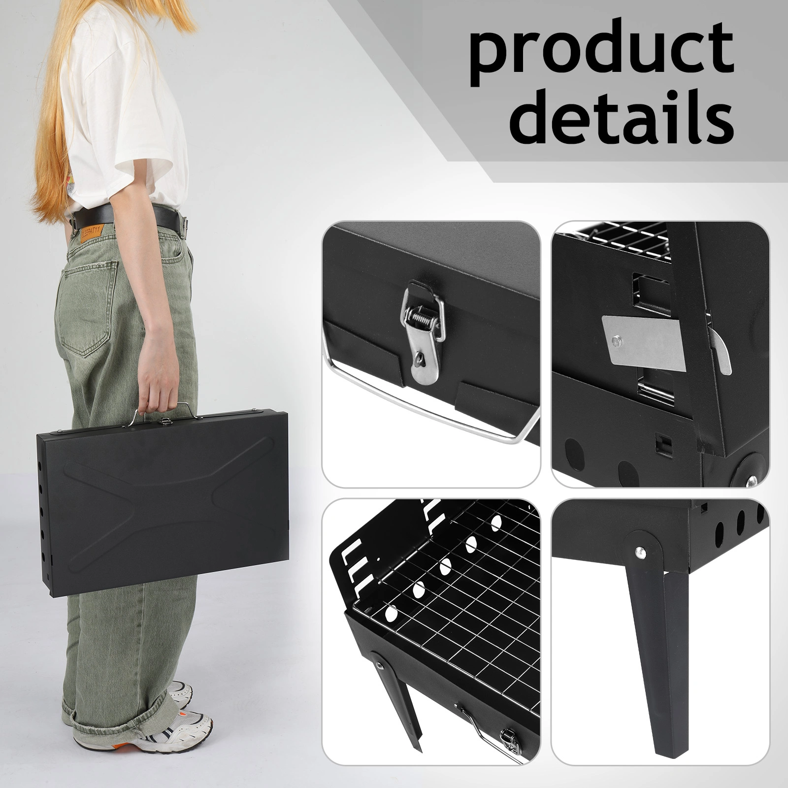 44*27*7cm Portable Square Charcoal Grill Black view 7
