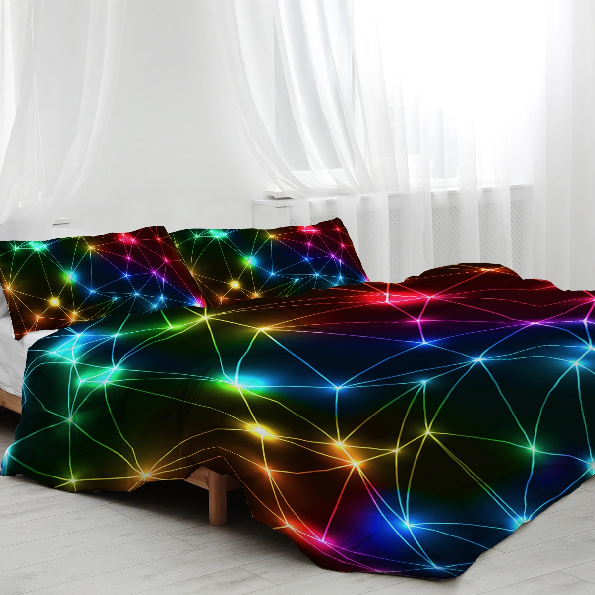 Triangle Retro Neon Duvet Cover Set 3-Piece Glowing Sparkling Rainbow Laser Pattern Bedding Super King for Boys view 2