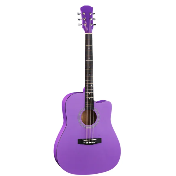 Purple 41-inch Dreadnought barrel-shaped cutaway acoustic guitar with pick, strings, capo, gig bag, tuner, wrench tool, and shoulder strap view 2