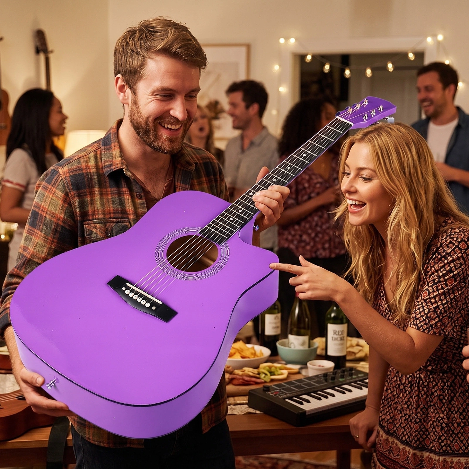 Purple 41-inch Dreadnought barrel-shaped cutaway acoustic guitar with pick, strings, capo, gig bag, tuner, wrench tool, and shoulder strap view 10