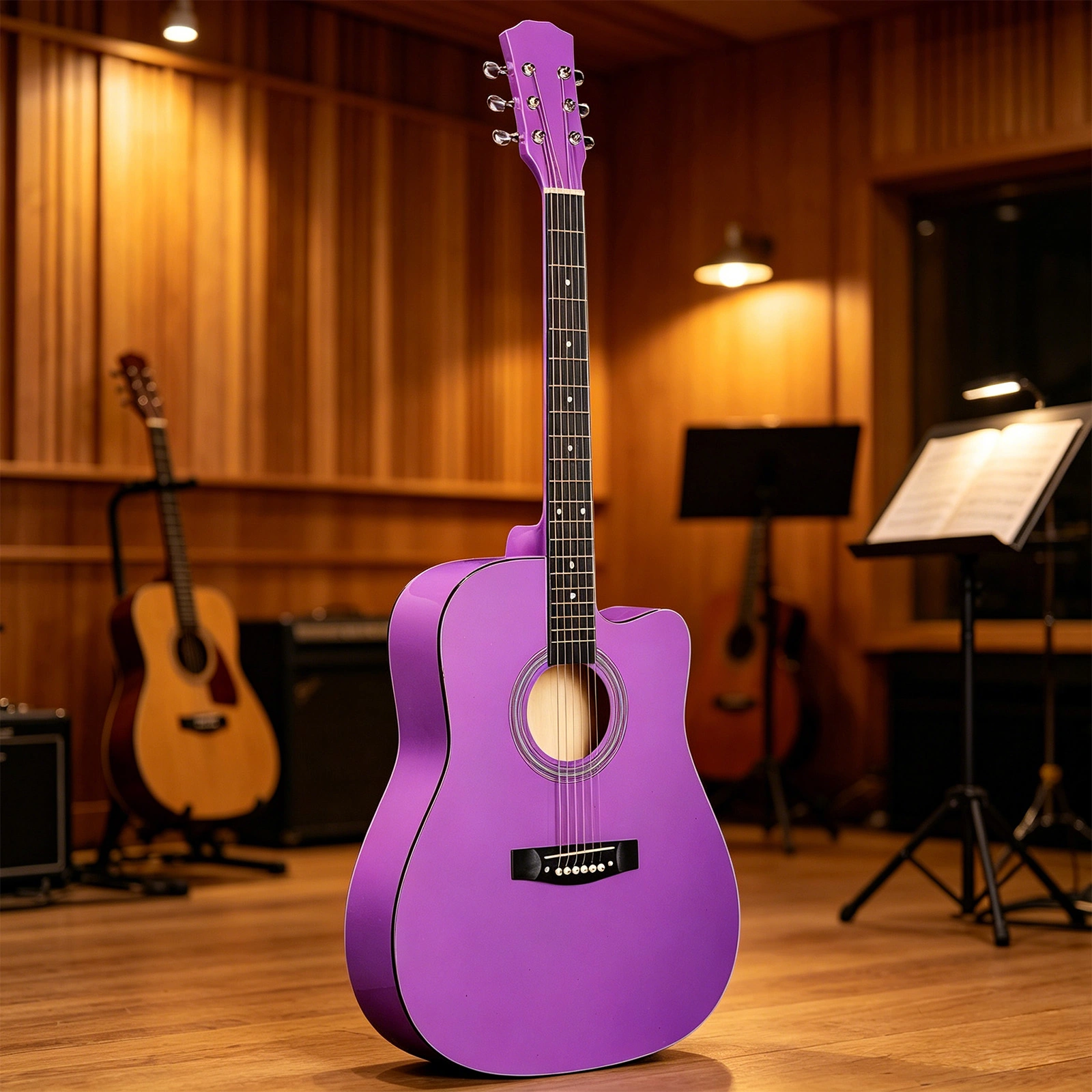 Purple 41-inch Dreadnought barrel-shaped cutaway acoustic guitar with pick, strings, capo, gig bag, tuner, wrench tool, and shoulder strap view 11
