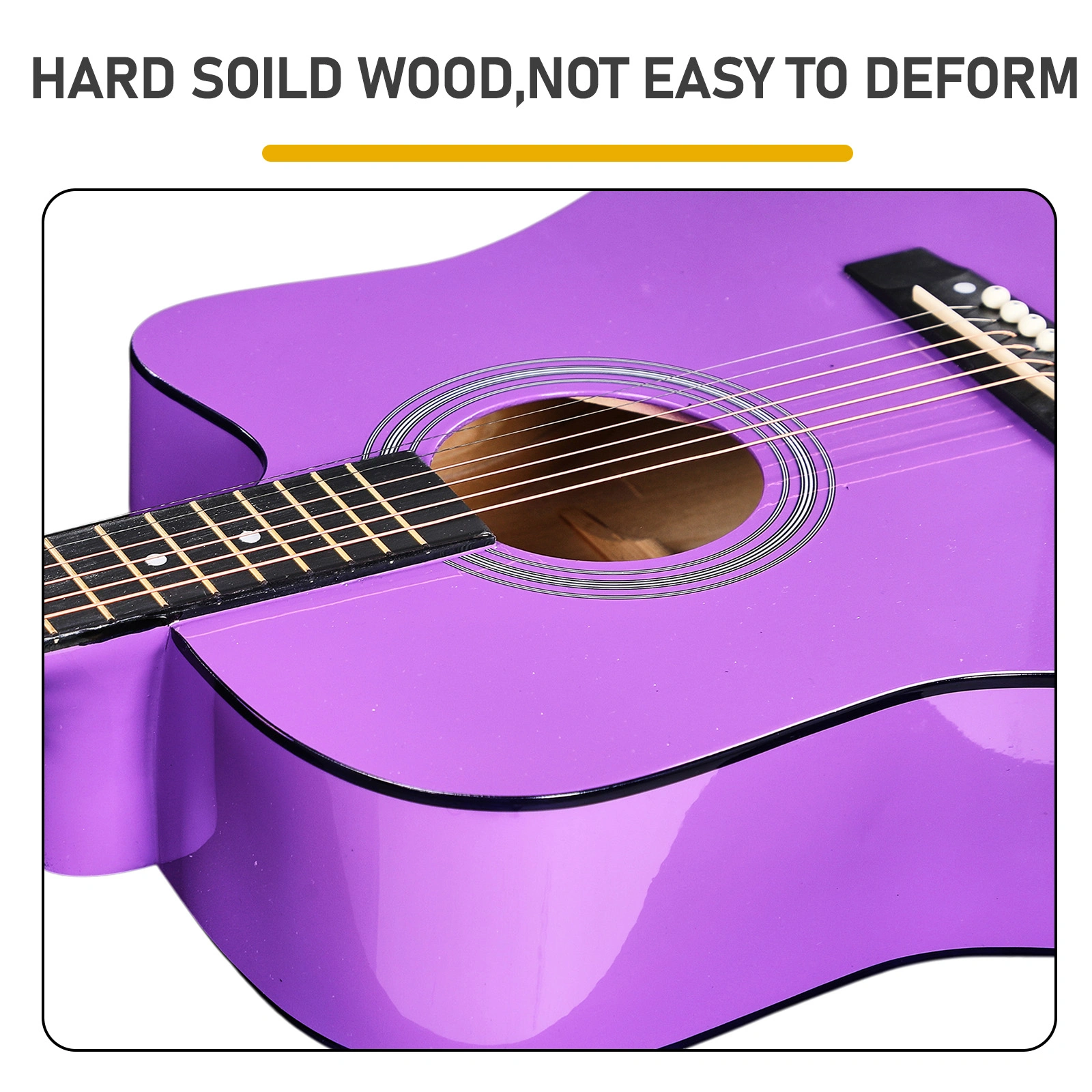Purple 41-inch Dreadnought barrel-shaped cutaway acoustic guitar with pick, strings, capo, gig bag, tuner, wrench tool, and shoulder strap view 8