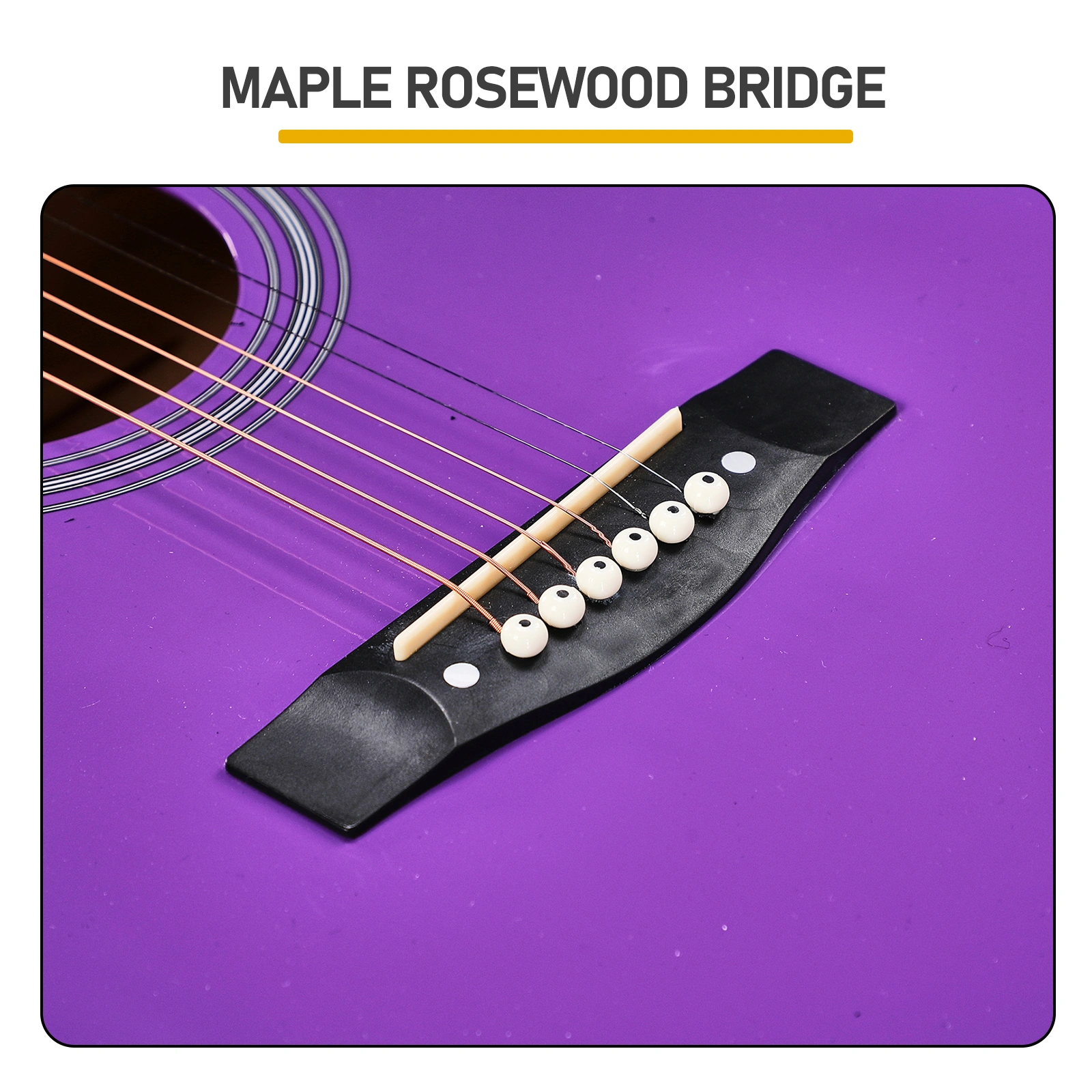 Purple 41-inch Dreadnought barrel-shaped cutaway acoustic guitar with pick, strings, capo, gig bag, tuner, wrench tool, and shoulder strap view 9