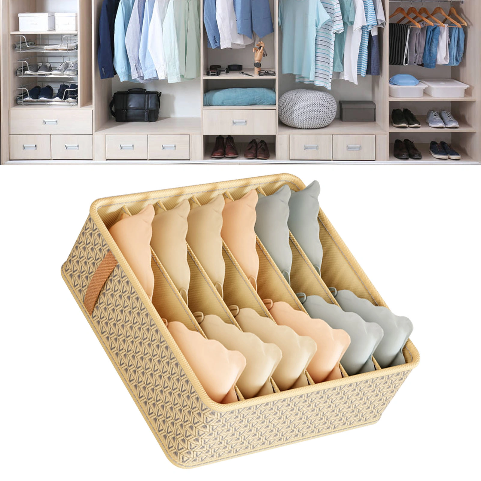 Beige Fabric Closet Drawer Organizer Dividers - 6 Grid Storage Bins, Large 32x32x11cm Space Saving Dresser Inserts view 3