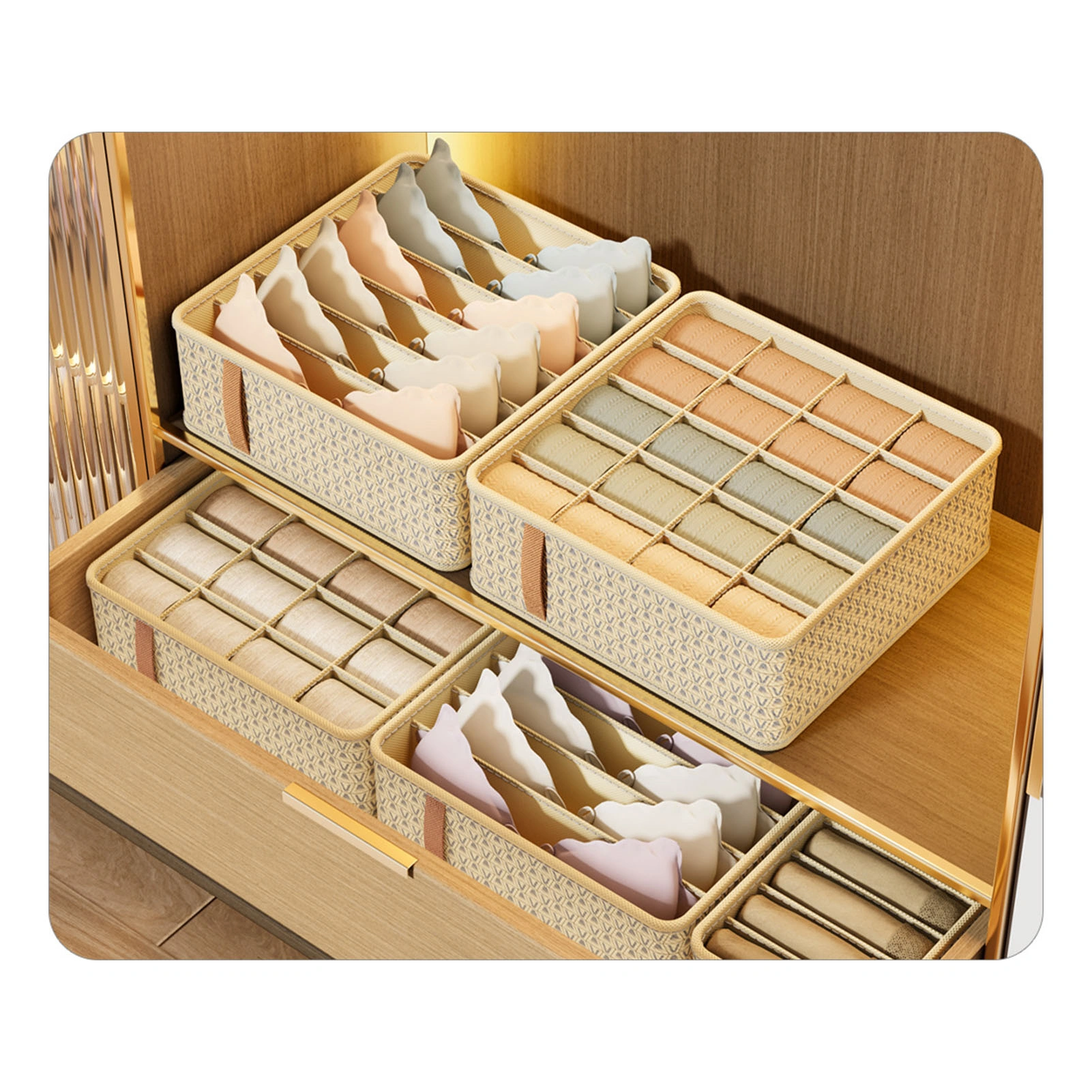 Beige Fabric Closet Drawer Organizer Dividers - 6 Grid Storage Bins, Large 32x32x11cm Space Saving Dresser Inserts view 5