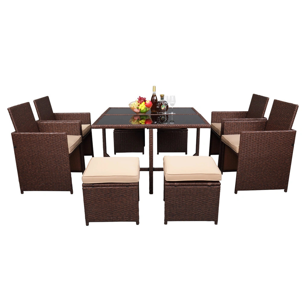 9 Piece PE Wicker Rattan Patio Dining Set with Tempered Glass Table Wood Grain Outdoor Furniture Carton 3 view 3