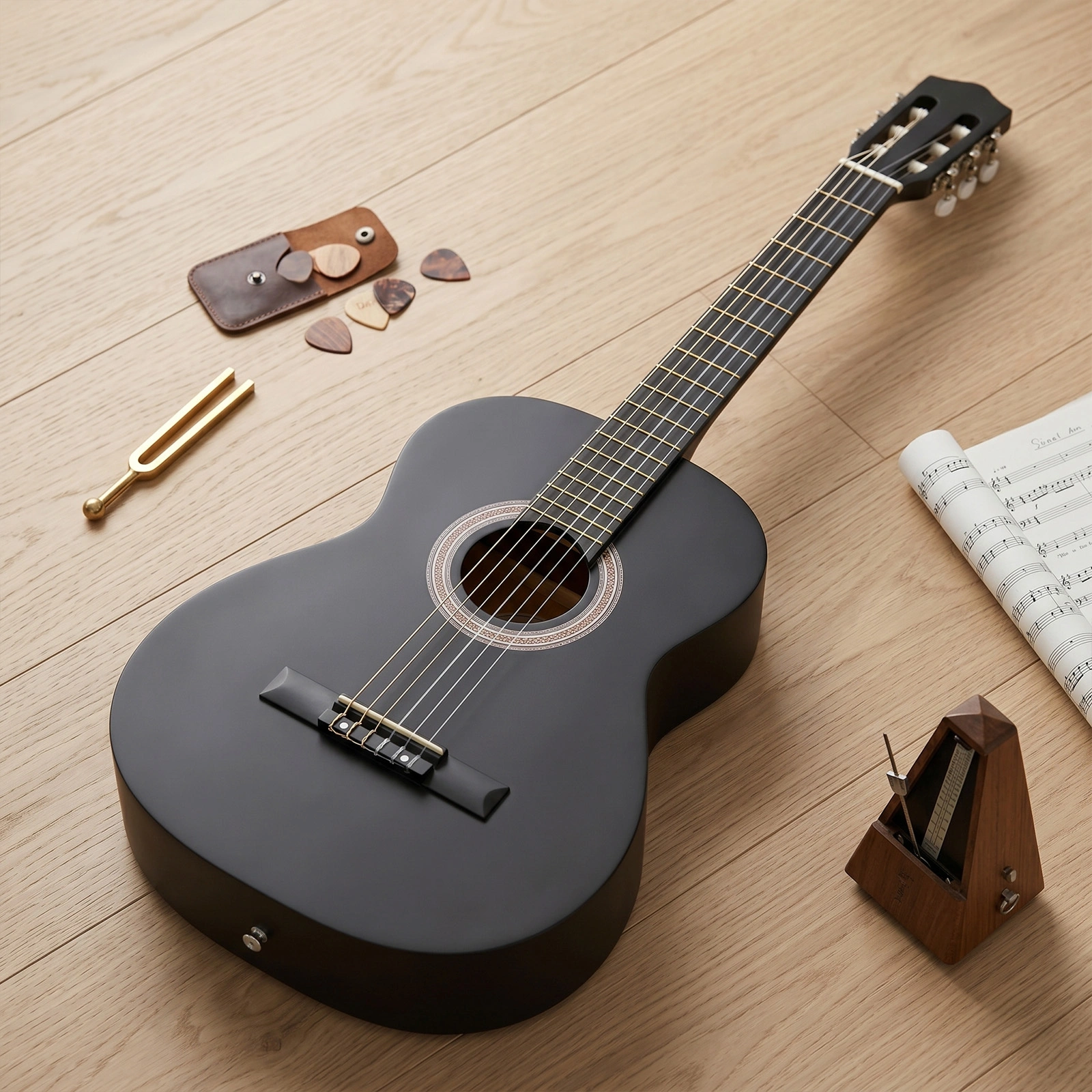 39 Inch Round Barrel Basswood Classical Guitar Folk Acoustic with Gig Bag Strings Picks Capo Tuner Strap Matte Black view 11