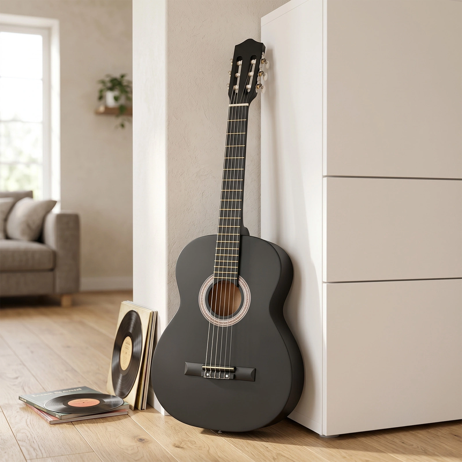 39 Inch Round Barrel Basswood Classical Guitar Folk Acoustic with Gig Bag Strings Picks Capo Tuner Strap Matte Black view 12