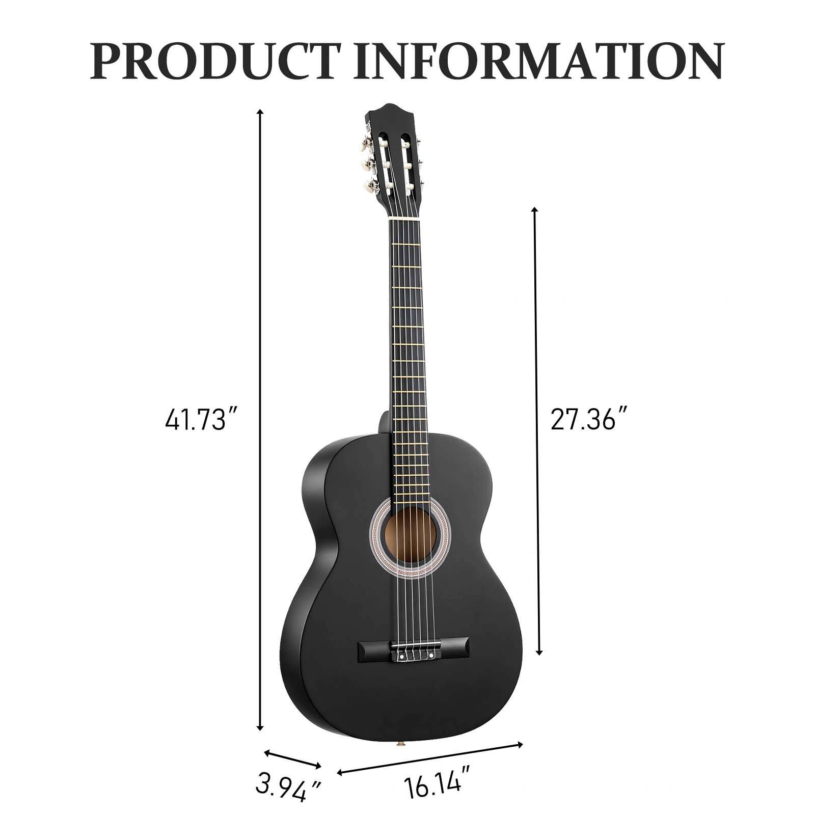 39 Inch Round Barrel Basswood Classical Guitar Folk Acoustic with Gig Bag Strings Picks Capo Tuner Strap Matte Black view 3