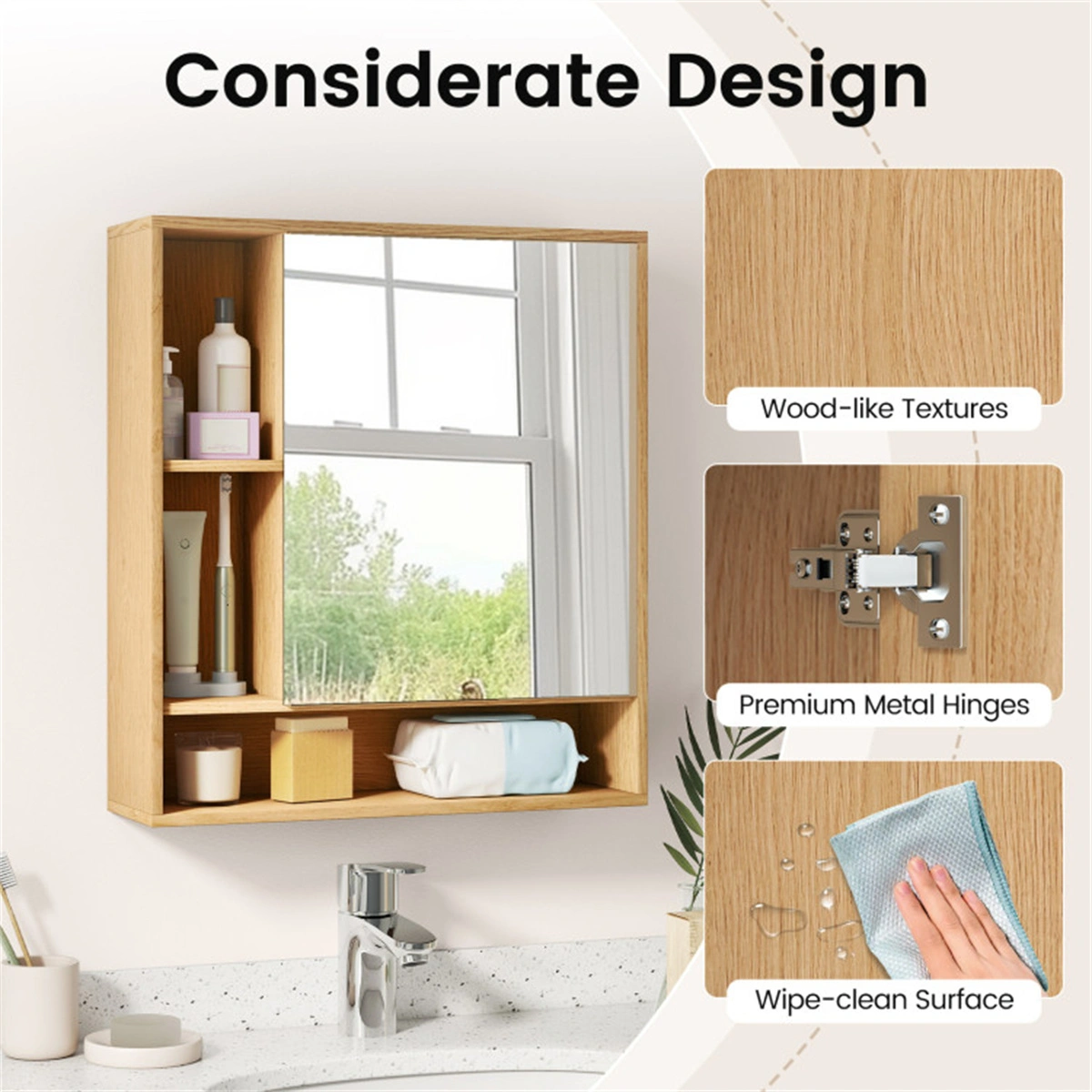 2 in 1 Mirrored Bathroom Wall Cabinet, Space-Saving Medicine Cabinet with Hidden Storage & Shelves - Natural view 10