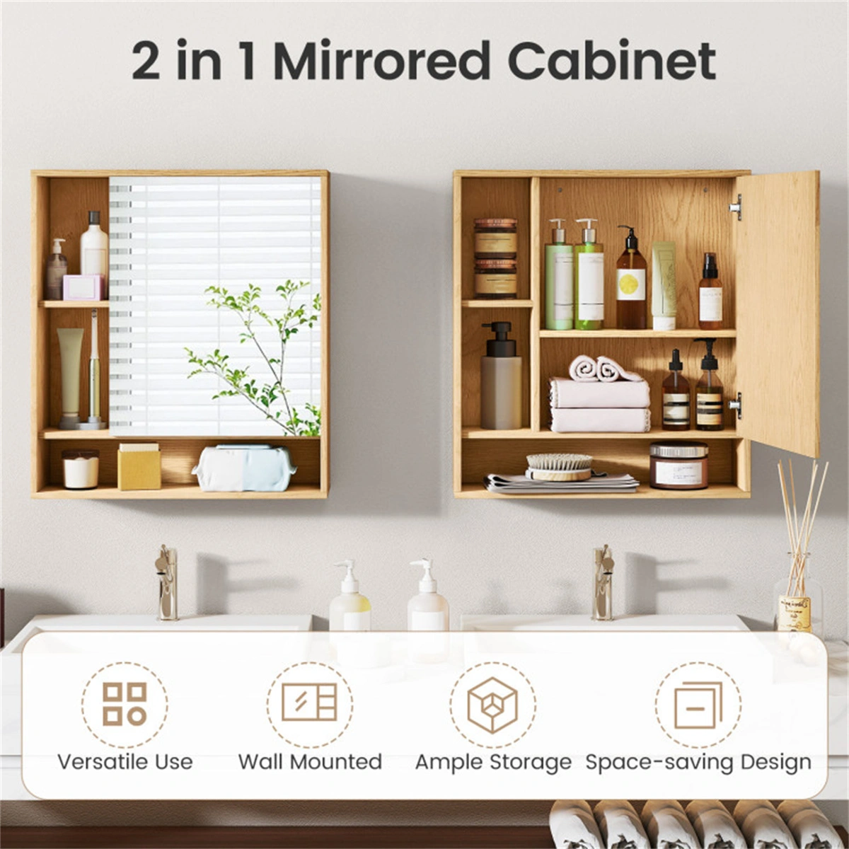 2 in 1 Mirrored Bathroom Wall Cabinet, Space-Saving Medicine Cabinet with Hidden Storage & Shelves - Natural view 11
