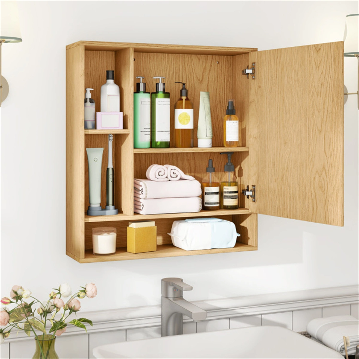 2 in 1 Mirrored Bathroom Wall Cabinet, Space-Saving Medicine Cabinet with Hidden Storage & Shelves - Natural view 7