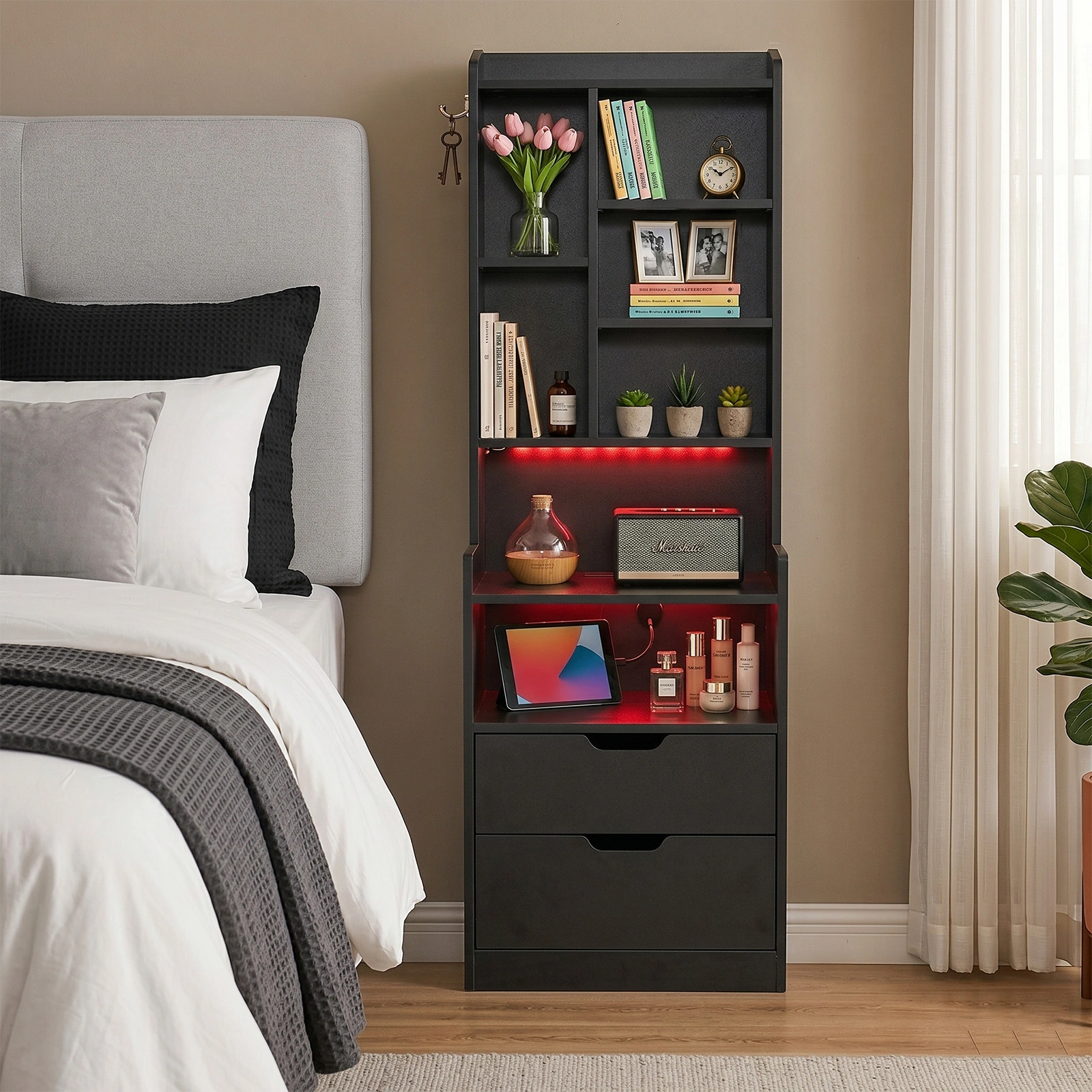 2 Drawers + 1 Shelf + 6-Shelf BedsideTable US Standard Power Supply (1 USB + 1 Type-C + 2 Triple-Prong) Storage Locker P2-12MM Particleboard Laminated Storage Cabinet 17.32*13.78*50in Black