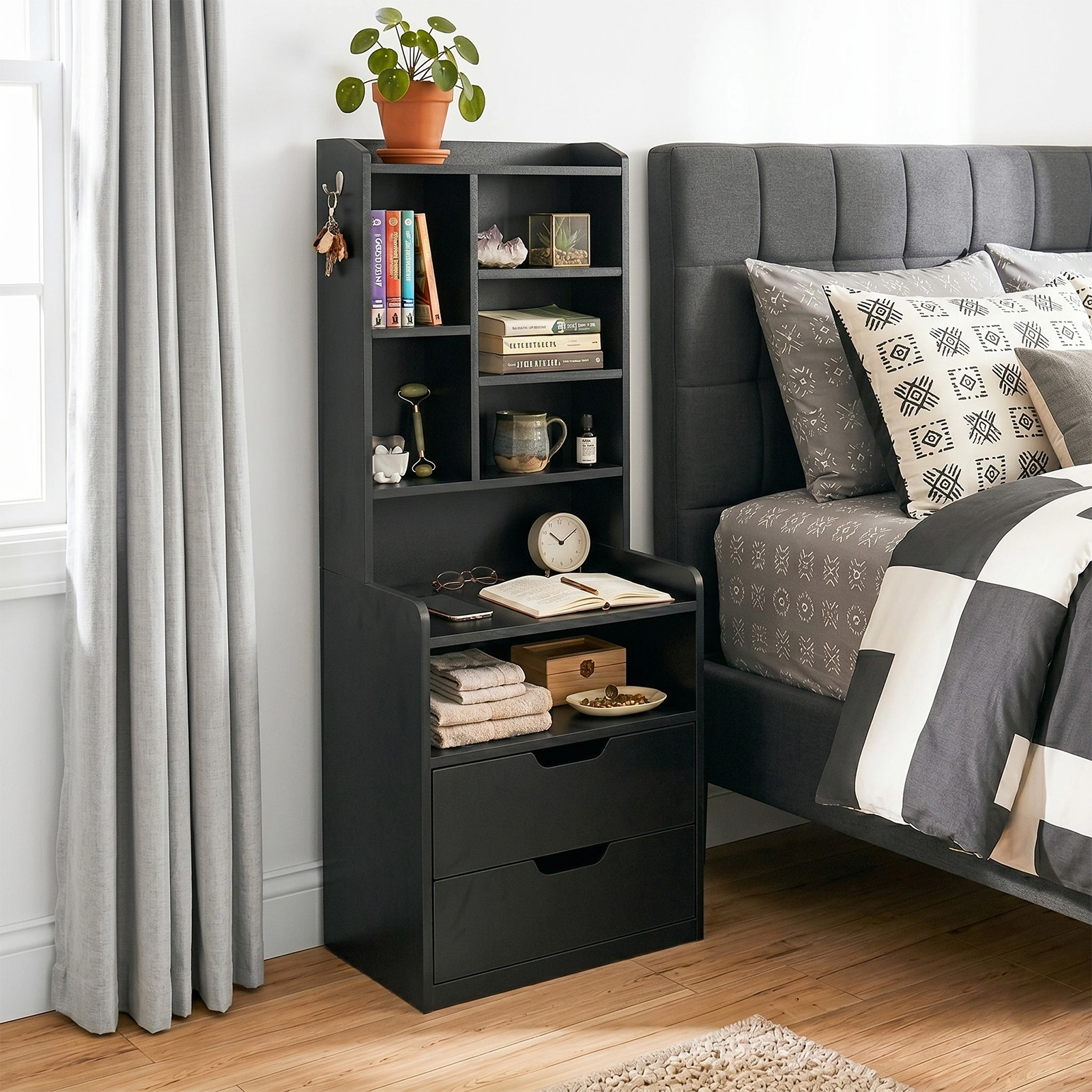 2 Drawers + 1 Shelf + 6-Shelf BedsideTable US Standard Power Supply (1 USB + 1 Type-C + 2 Triple-Prong) Storage Locker P2-12MM Particleboard Laminated Storage Cabinet 17.32*13.78*50in Black view 13
