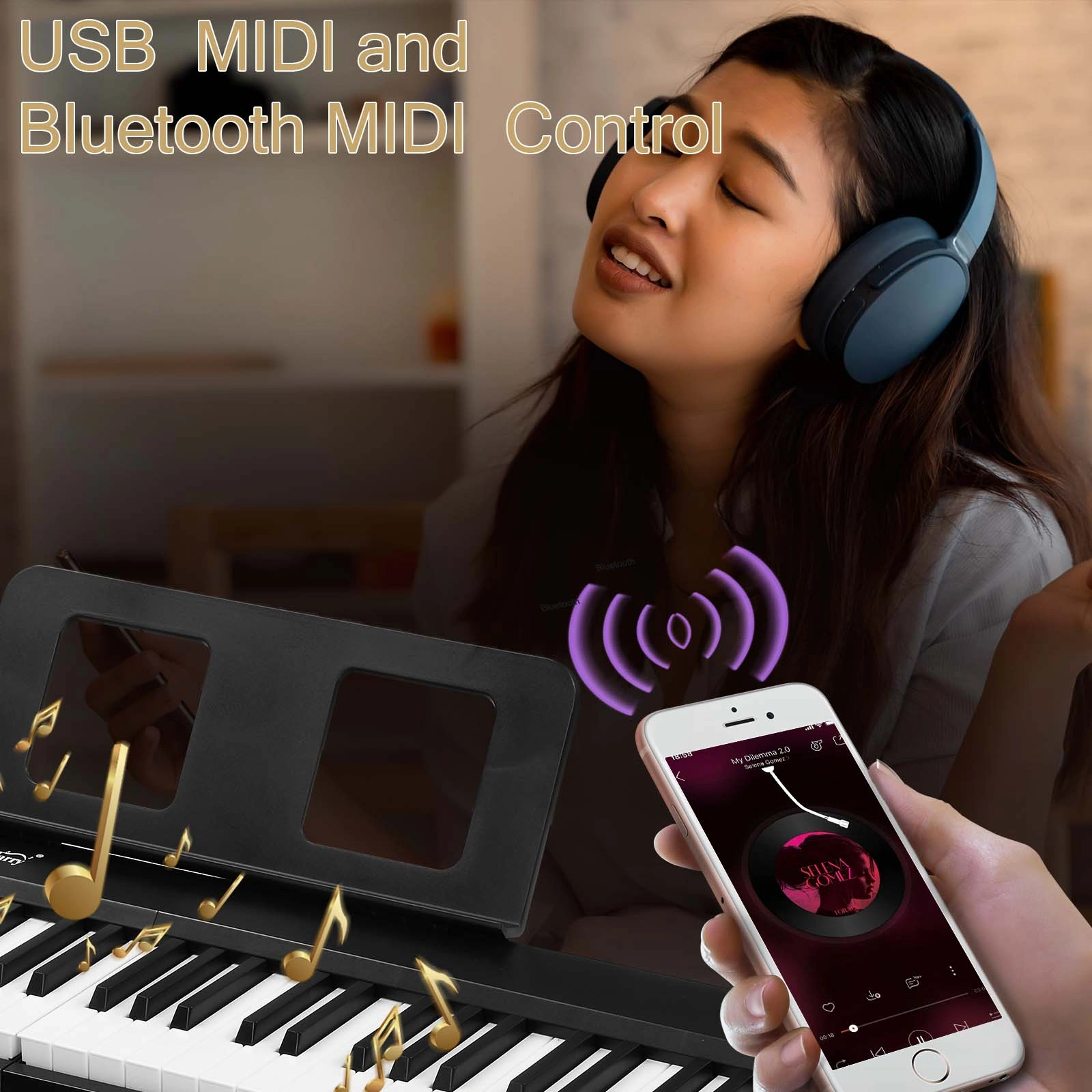 GPP-106 88 Key Folding Piano Semi-Weighted Standard Keyboards Digital Piano with MIDI Bluetooth, Handbag, Headphone, for Piano Lover Black color view 8
