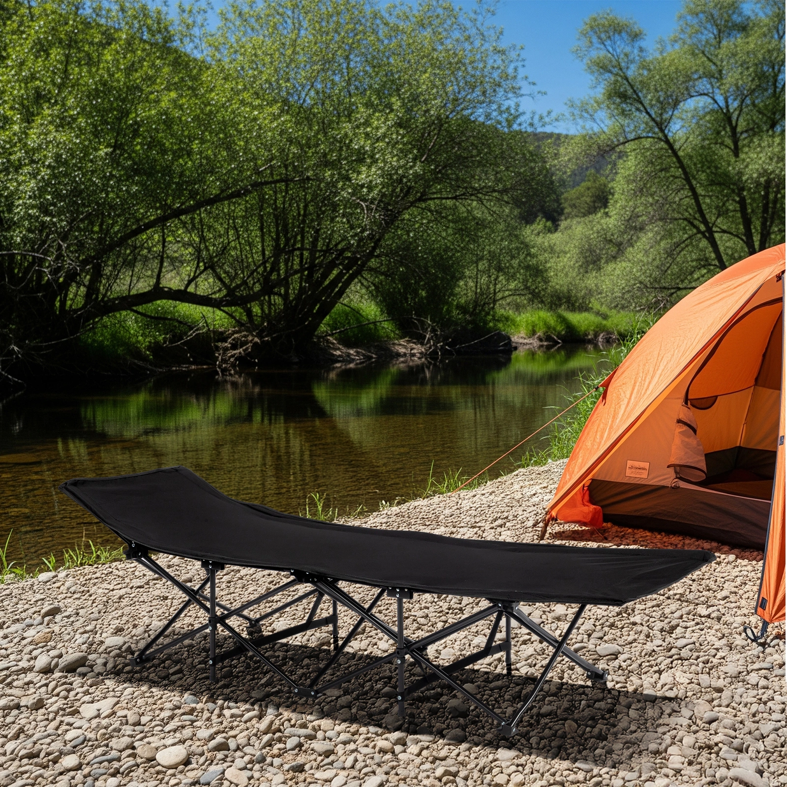 Folding Camping Cot Bed with Soft Pad, Portable Outdoor Cot, Adults Sleeping Bed for Home Office Nap Beach Travel, Black view 17