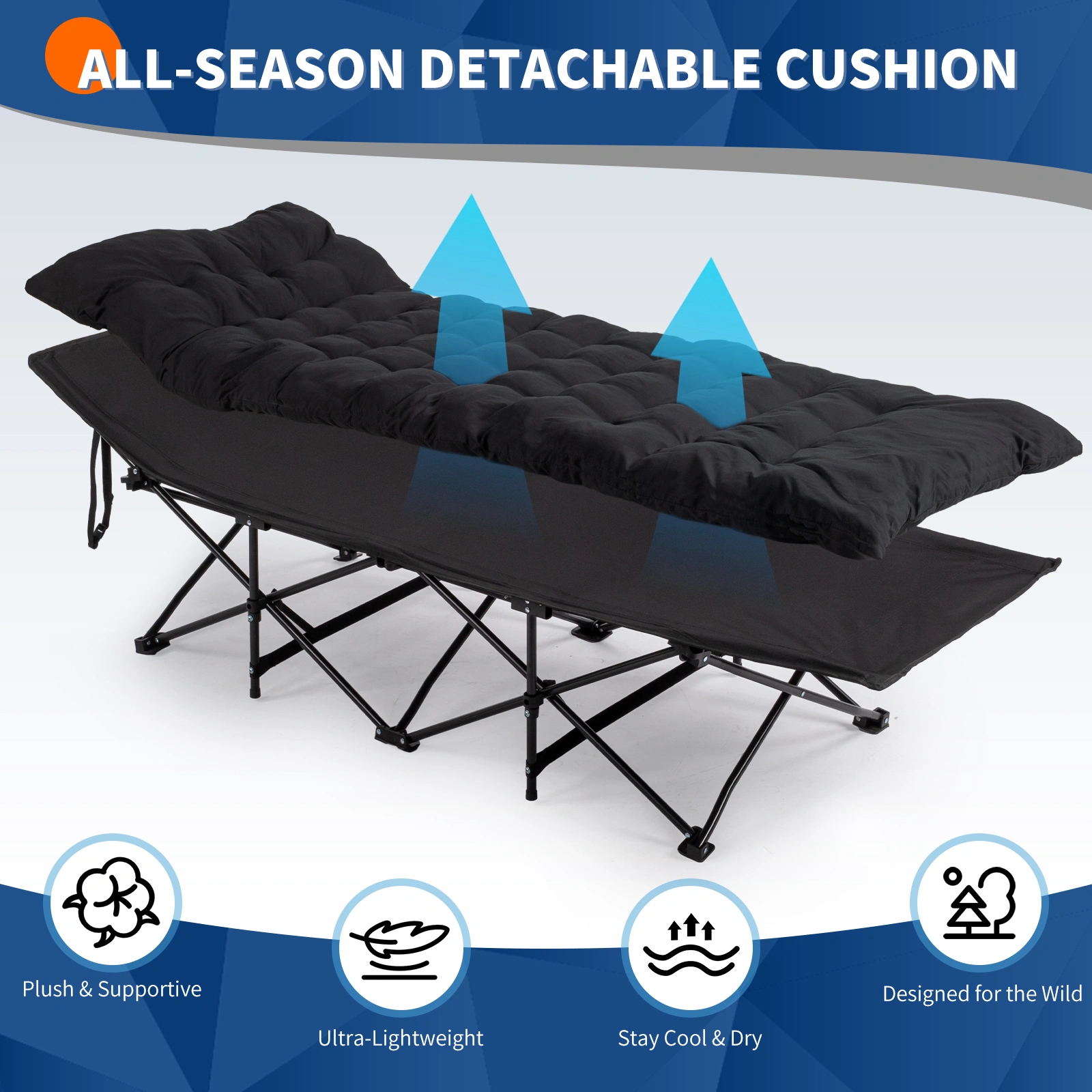 Folding Camping Cot Bed with Soft Pad, Portable Outdoor Cot, Adults Sleeping Bed for Home Office Nap Beach Travel, Black view 4