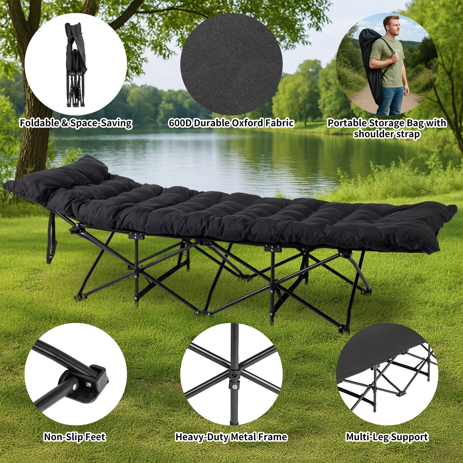 Folding Camping Cot Bed with Soft Pad, Portable Outdoor Cot, Adults Sleeping Bed for Home Office Nap Beach Travel, Black view 7