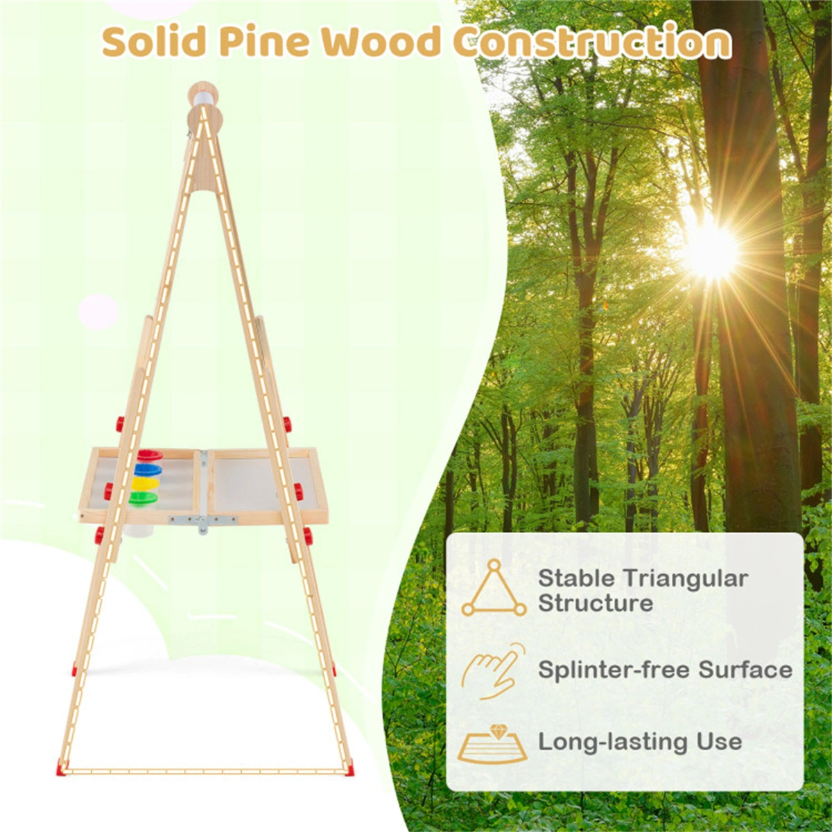 Natural Pine Wood 3-in-1 Kids Art Easel with Magnetic Whiteboard & Chalkboard, Adjustable Height Foldable Drawing Board for Ages 3-14 view 10