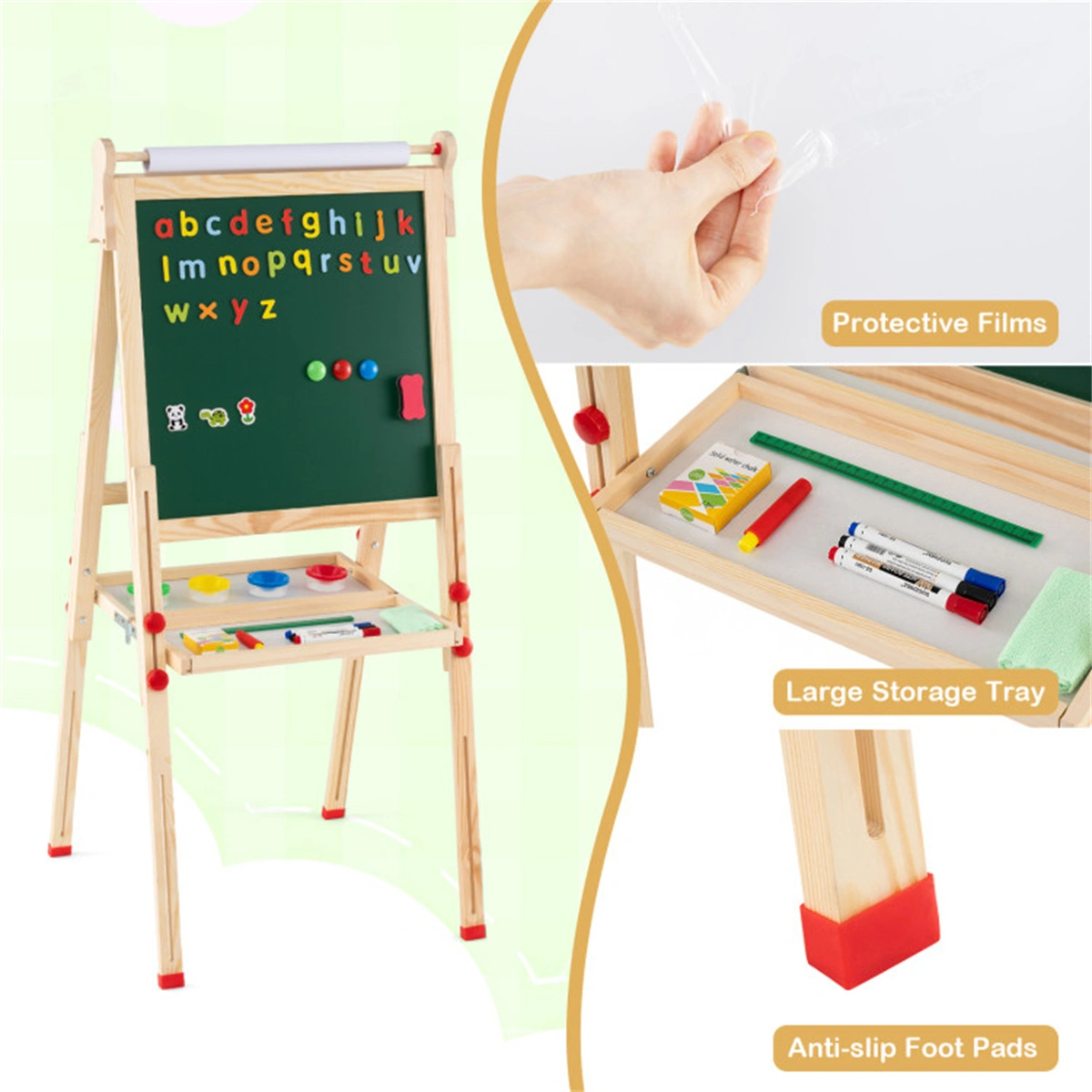 Natural Pine Wood 3-in-1 Kids Art Easel with Magnetic Whiteboard & Chalkboard, Adjustable Height Foldable Drawing Board for Ages 3-14 view 2