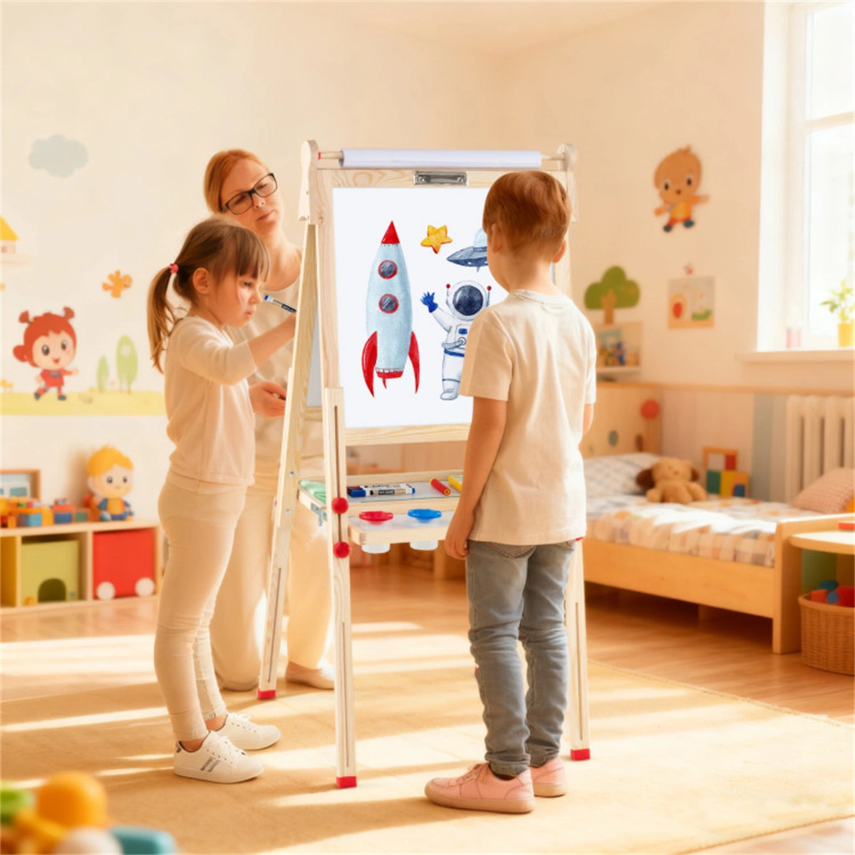 Natural Pine Wood 3-in-1 Kids Art Easel with Magnetic Whiteboard & Chalkboard, Adjustable Height Foldable Drawing Board for Ages 3-14 view 3