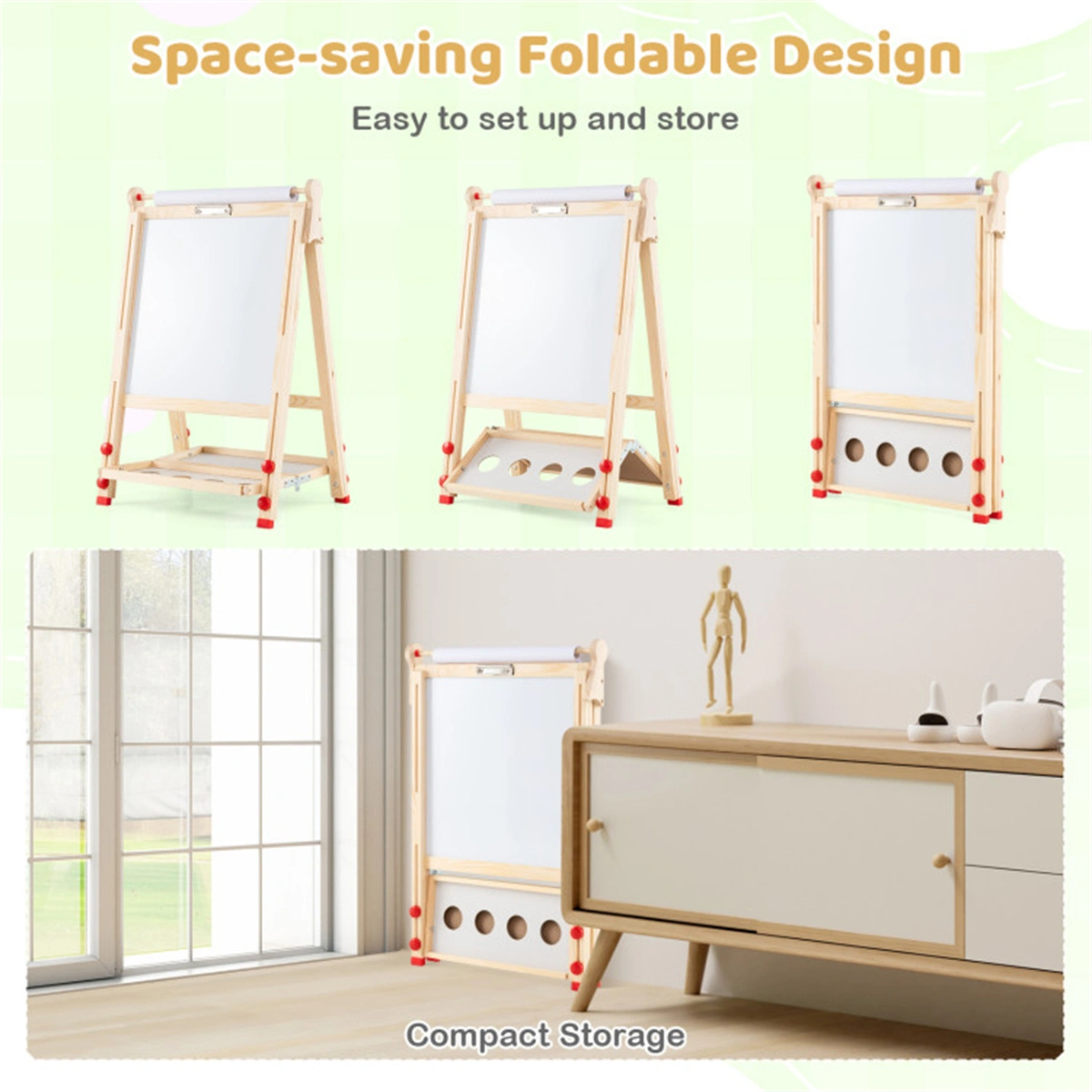 Natural Pine Wood 3-in-1 Kids Art Easel with Magnetic Whiteboard & Chalkboard, Adjustable Height Foldable Drawing Board for Ages 3-14 view 5