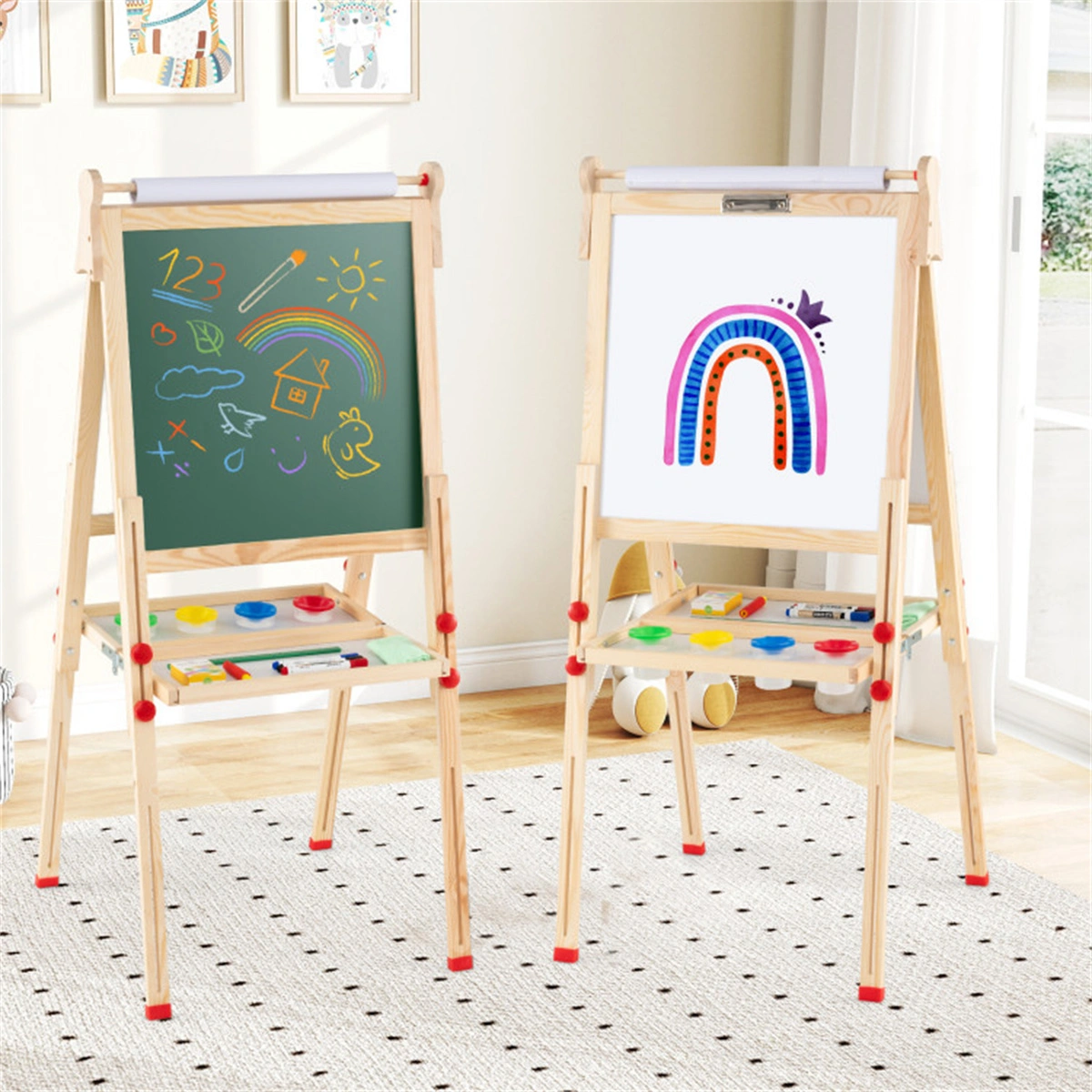 Natural Pine Wood 3-in-1 Kids Art Easel with Magnetic Whiteboard & Chalkboard, Adjustable Height Foldable Drawing Board for Ages 3-14 view 8