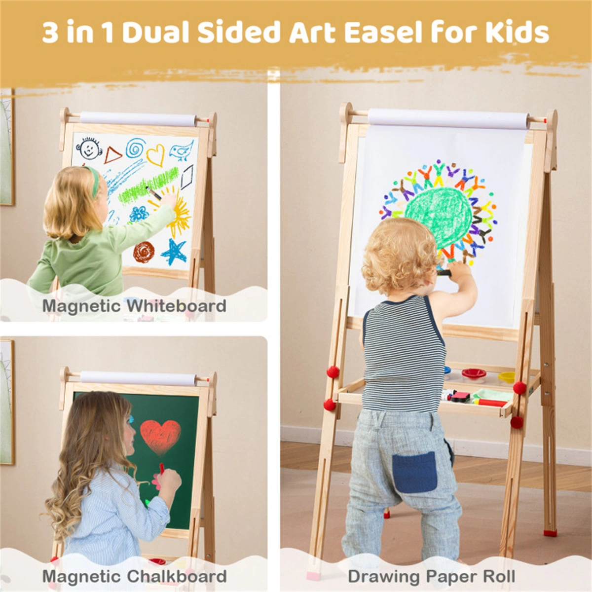 Natural Pine Wood 3-in-1 Kids Art Easel with Magnetic Whiteboard & Chalkboard, Adjustable Height Foldable Drawing Board for Ages 3-14 view 9
