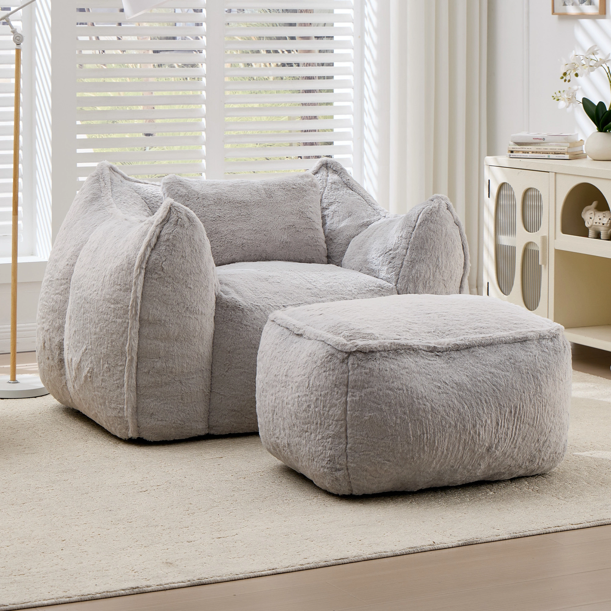 Giant Bean Bag Chair for Adults &Kids Faux Fur Bean Bag Sofa Chairs with Pillow &Ottoman, Comfy Reading & Gaming Beanbag Couch for Bedroom Living Room, Grey
