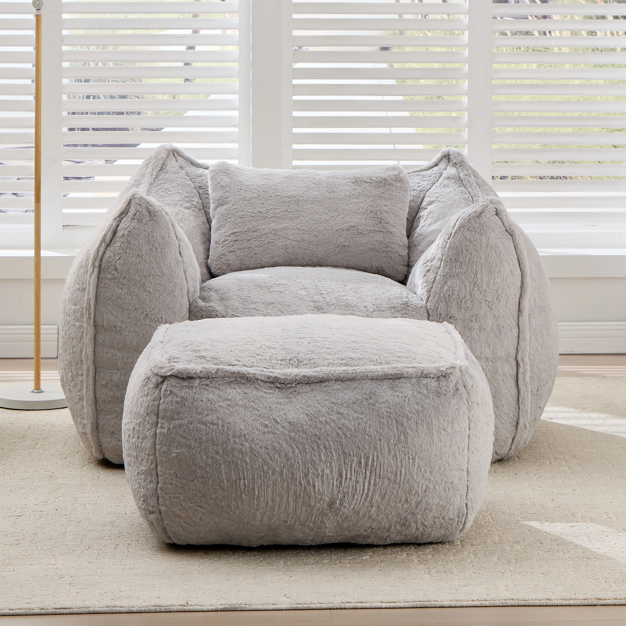 Giant Bean Bag Chair for Adults &Kids Faux Fur Bean Bag Sofa Chairs with Pillow &Ottoman, Comfy Reading & Gaming Beanbag Couch for Bedroom Living Room, Grey view 2