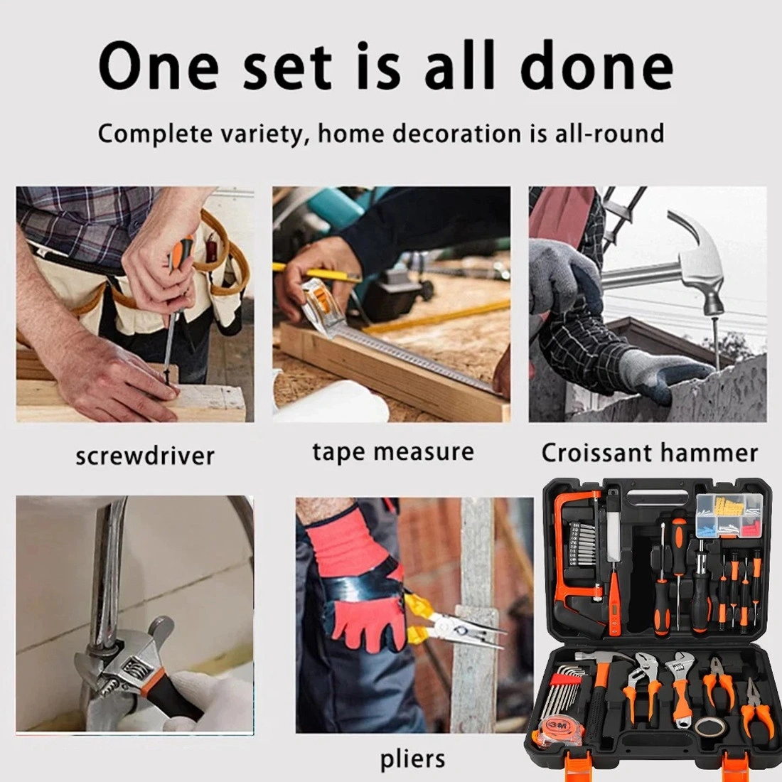100 Piece General Household Hand Tool Kit Set with Toolbox Storage Case for Home Repair Maintenance