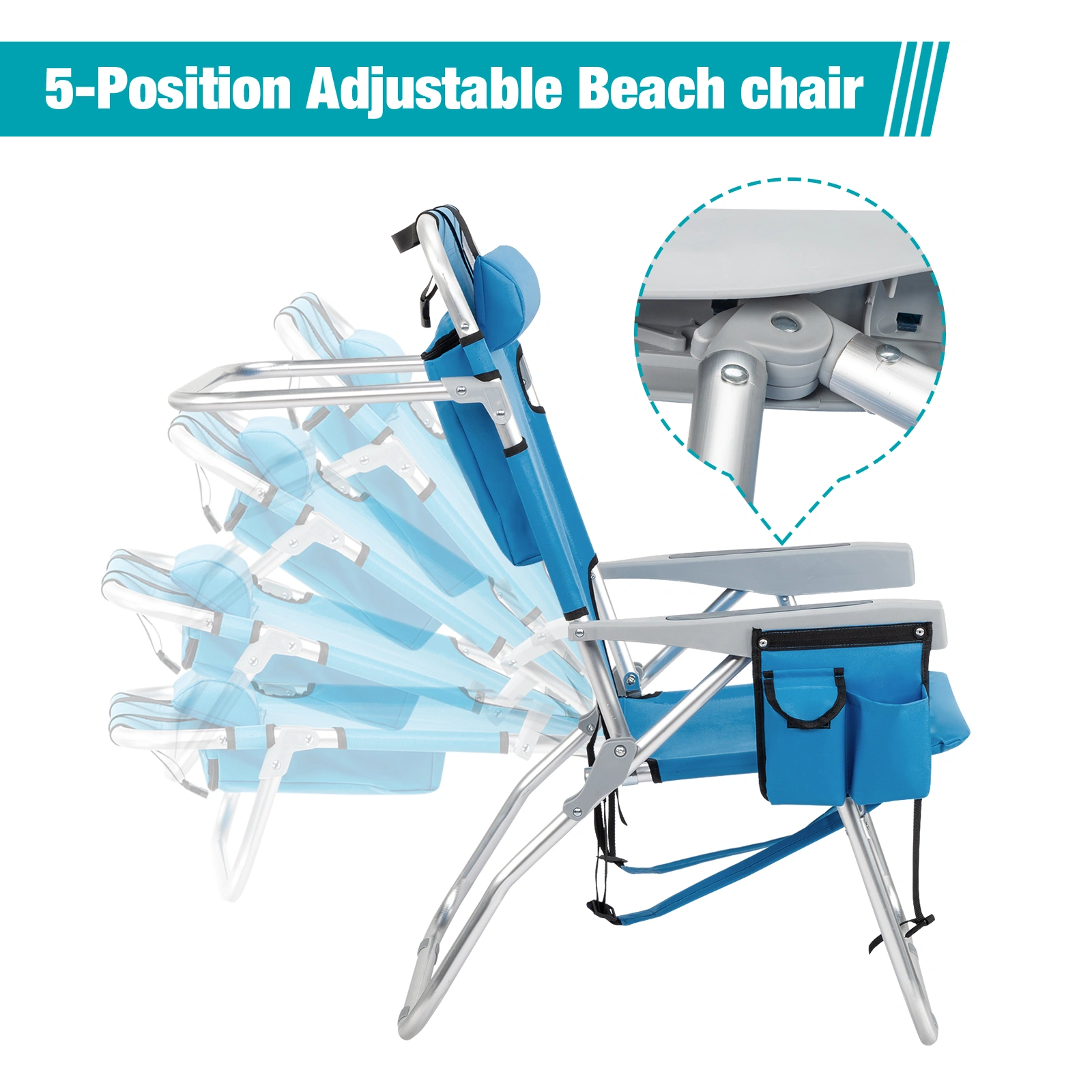 63*70*99cm Heightened Oxford Cloth Silver White Aluminum Tube Bearing 100kg Beach Chair Blue view 3