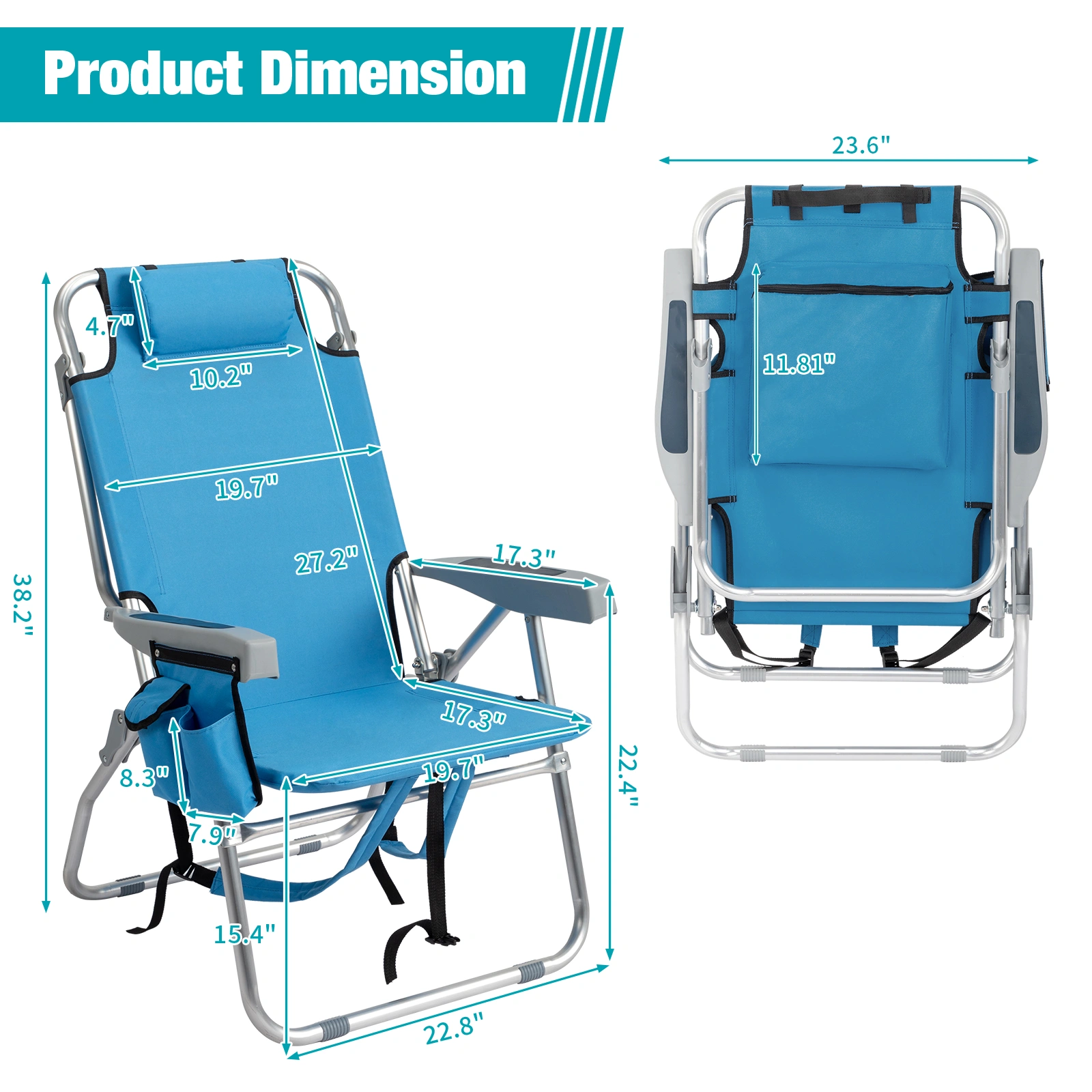 63*70*99cm Heightened Oxford Cloth Silver White Aluminum Tube Bearing 100kg Beach Chair Blue view 4