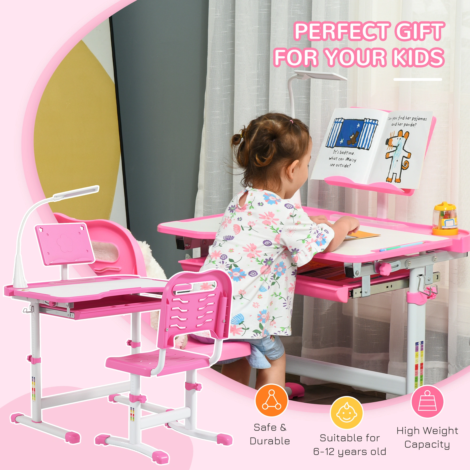 Kids Desk and Chair Set with Bookshelf, Adjustable Study Table and Ergonomic Chair, Sturdy Wood Computer Desk for Toddlers, Brown/White view 3