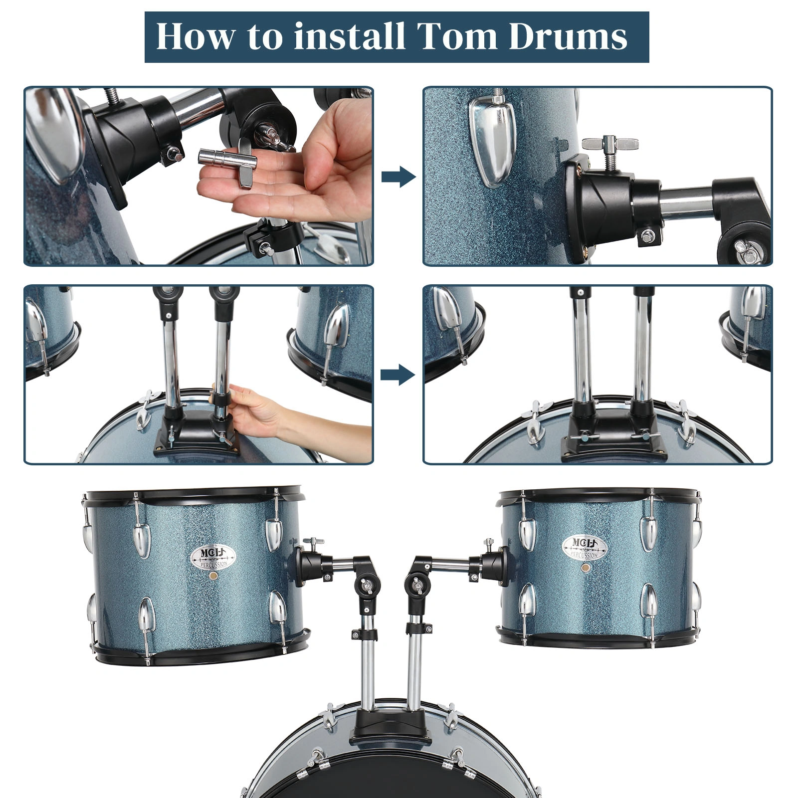 Full Size Adult Drum Set 5-Piece Black with Bass Drum, two Tom Drum, Snare Drum, Floor Tom, 16" Ride Cymbal, 14" Hi-hat Cymbals, Stool, Drum Pedal, Sticks view 12