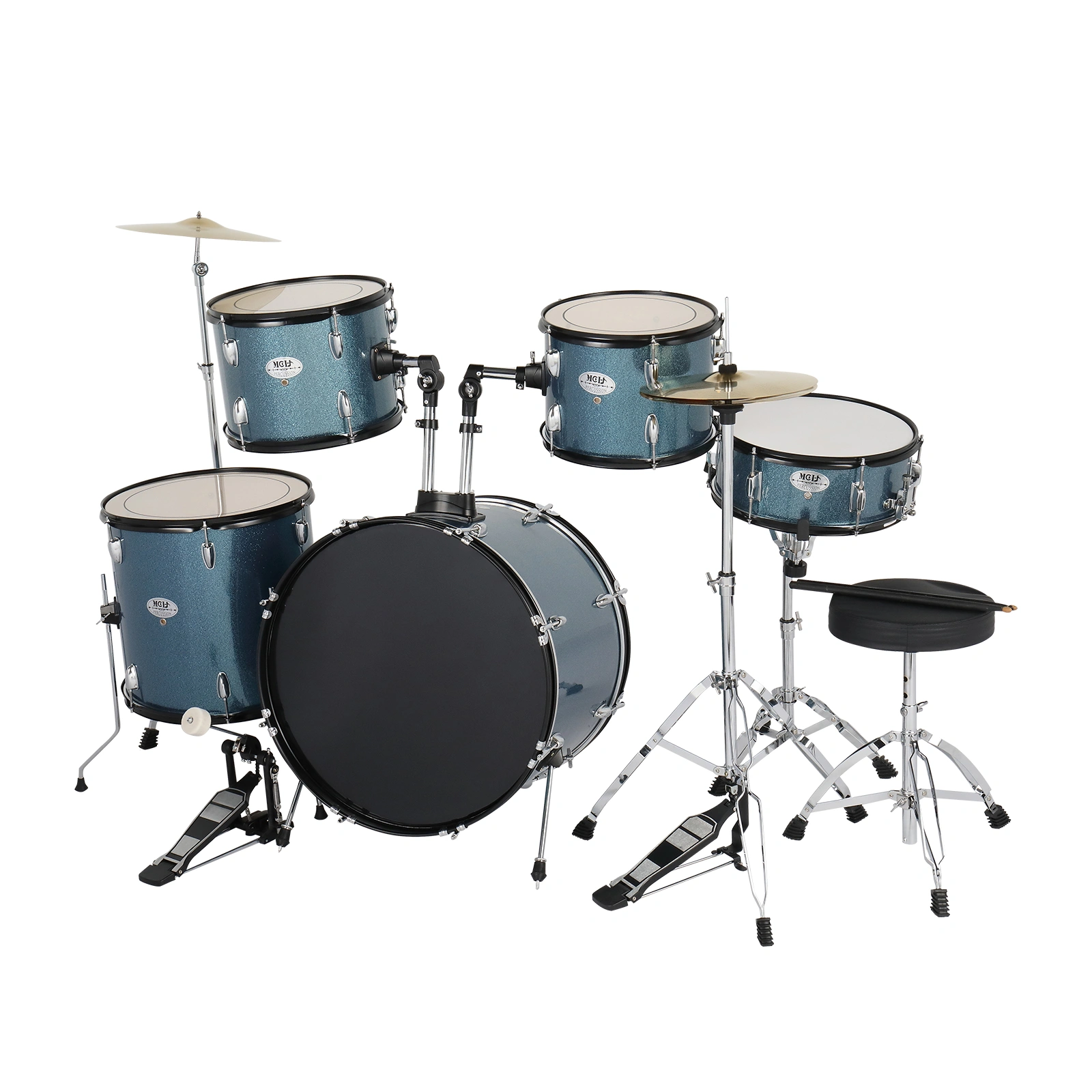 Full Size Adult Drum Set 5-Piece Black with Bass Drum, two Tom Drum, Snare Drum, Floor Tom, 16" Ride Cymbal, 14" Hi-hat Cymbals, Stool, Drum Pedal, Sticks view 13