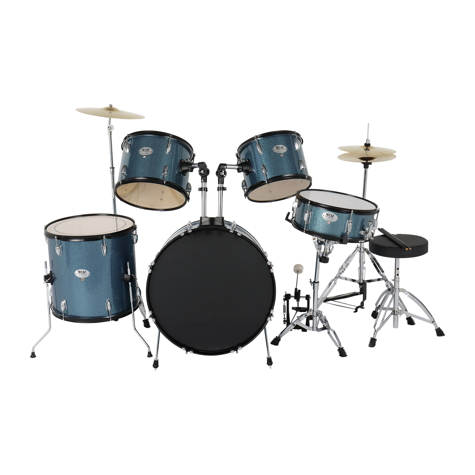 Full Size Adult Drum Set 5-Piece Black with Bass Drum, two Tom Drum, Snare Drum, Floor Tom, 16" Ride Cymbal, 14" Hi-hat Cymbals, Stool, Drum Pedal, Sticks view 14